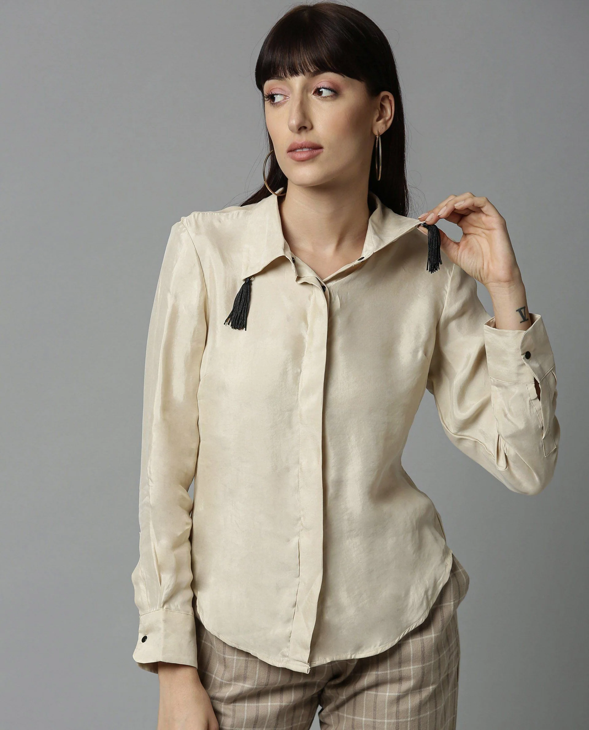 Rareism Women Tassel Beige Top Full Sleeves Solid