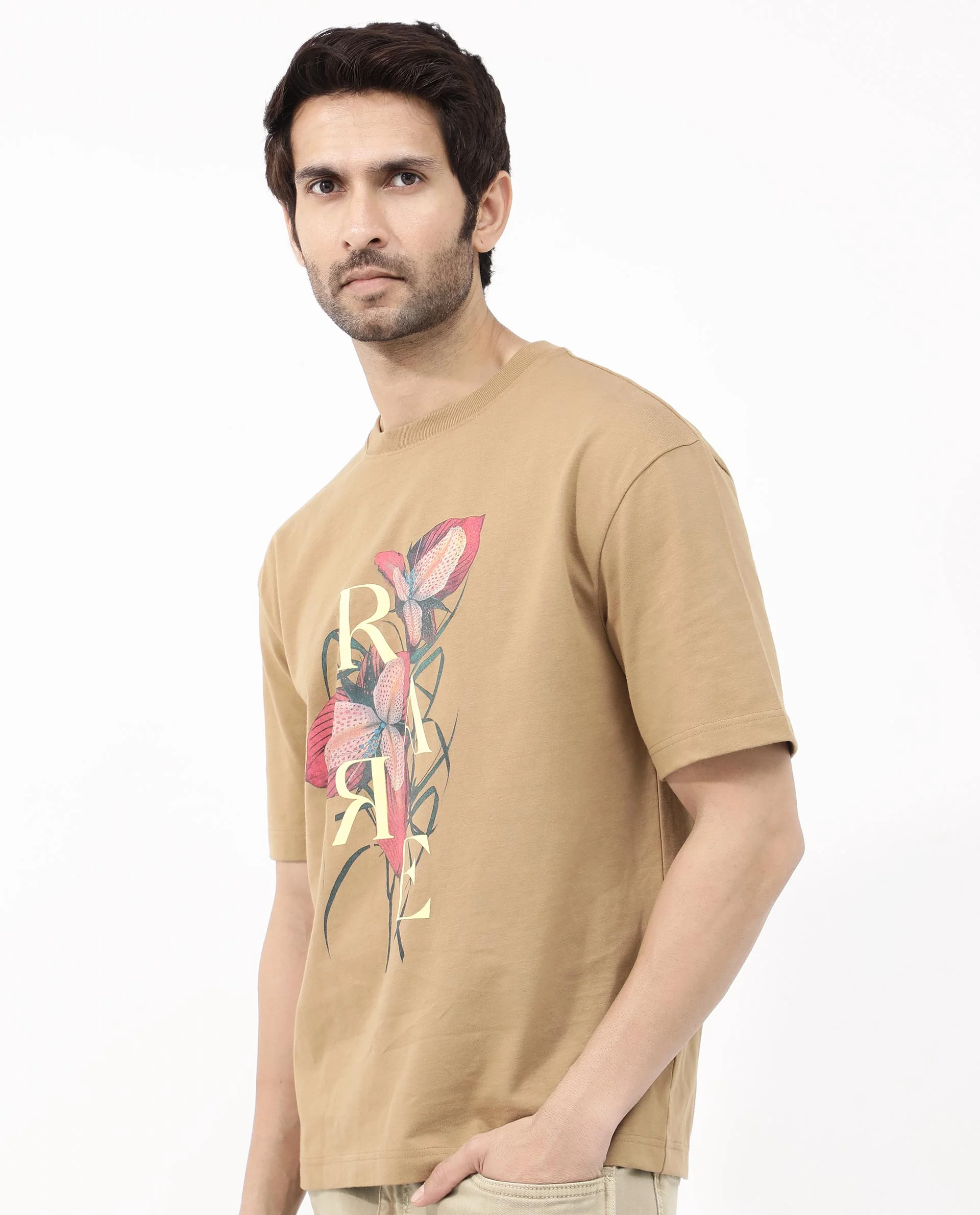Rare Rabbit Articale Mens Tate Brown Cotton Fabric Short Sleeve Crew Neck Oversized Fit Printed T-Shirt - Image 3