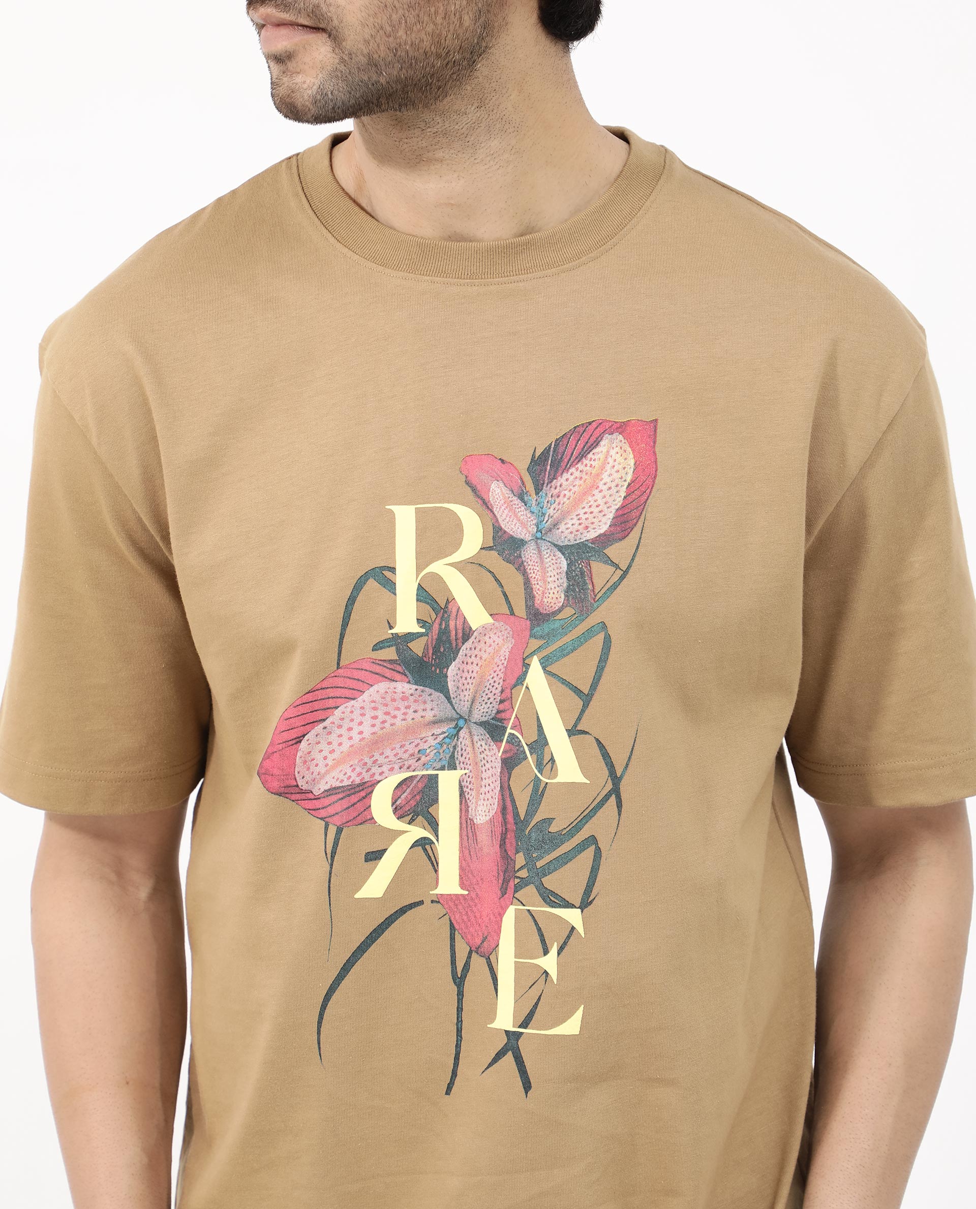 Rare Rabbit Articale Mens Tate Brown Cotton Fabric Short Sleeve Crew Neck Oversized Fit Printed T-Shirt - Image 4