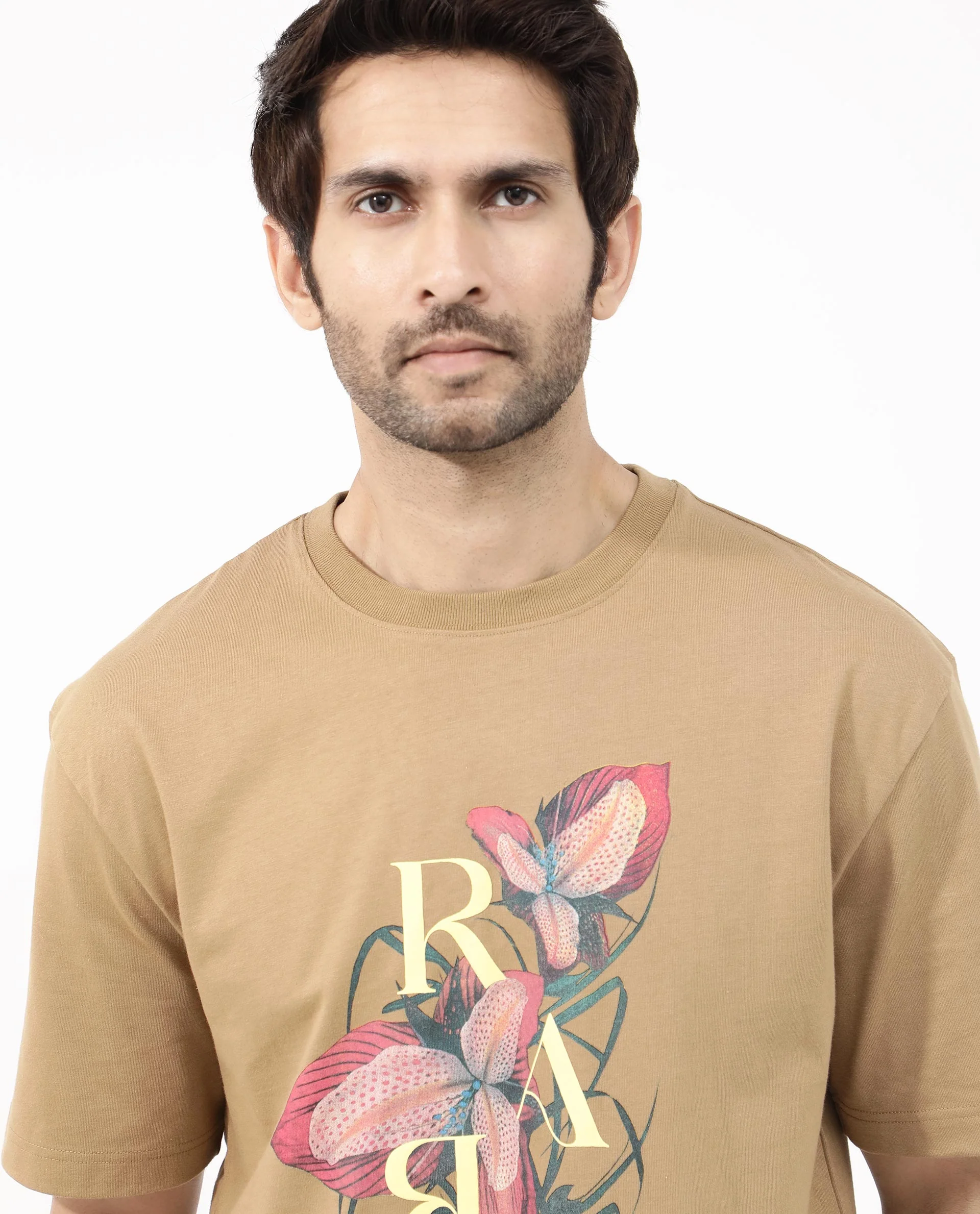 Rare Rabbit Articale Mens Tate Brown Cotton Fabric Short Sleeve Crew Neck Oversized Fit Printed T-Shirt - Image 5
