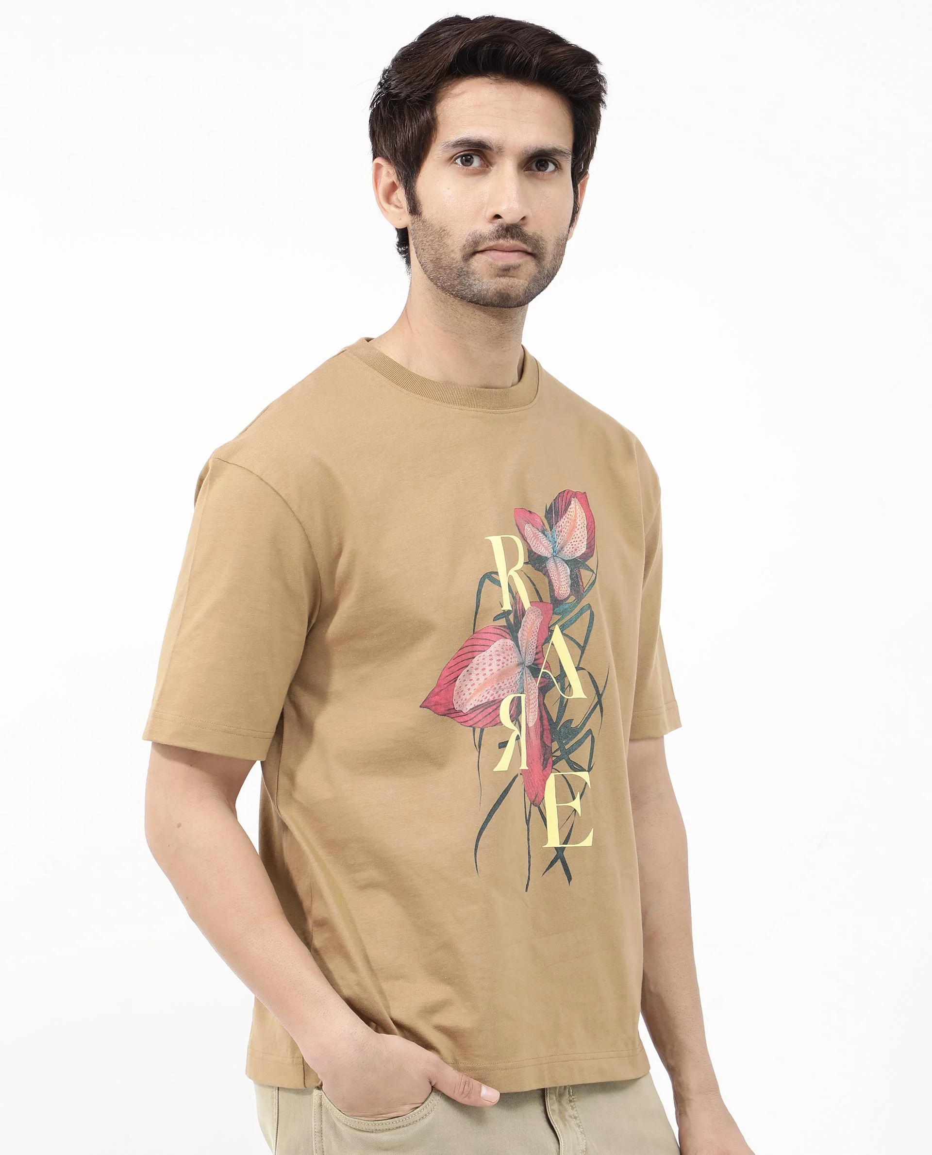 Rare Rabbit Articale Mens Tate Brown Cotton Fabric Short Sleeve Crew Neck Oversized Fit Printed T-Shirt - Image 7