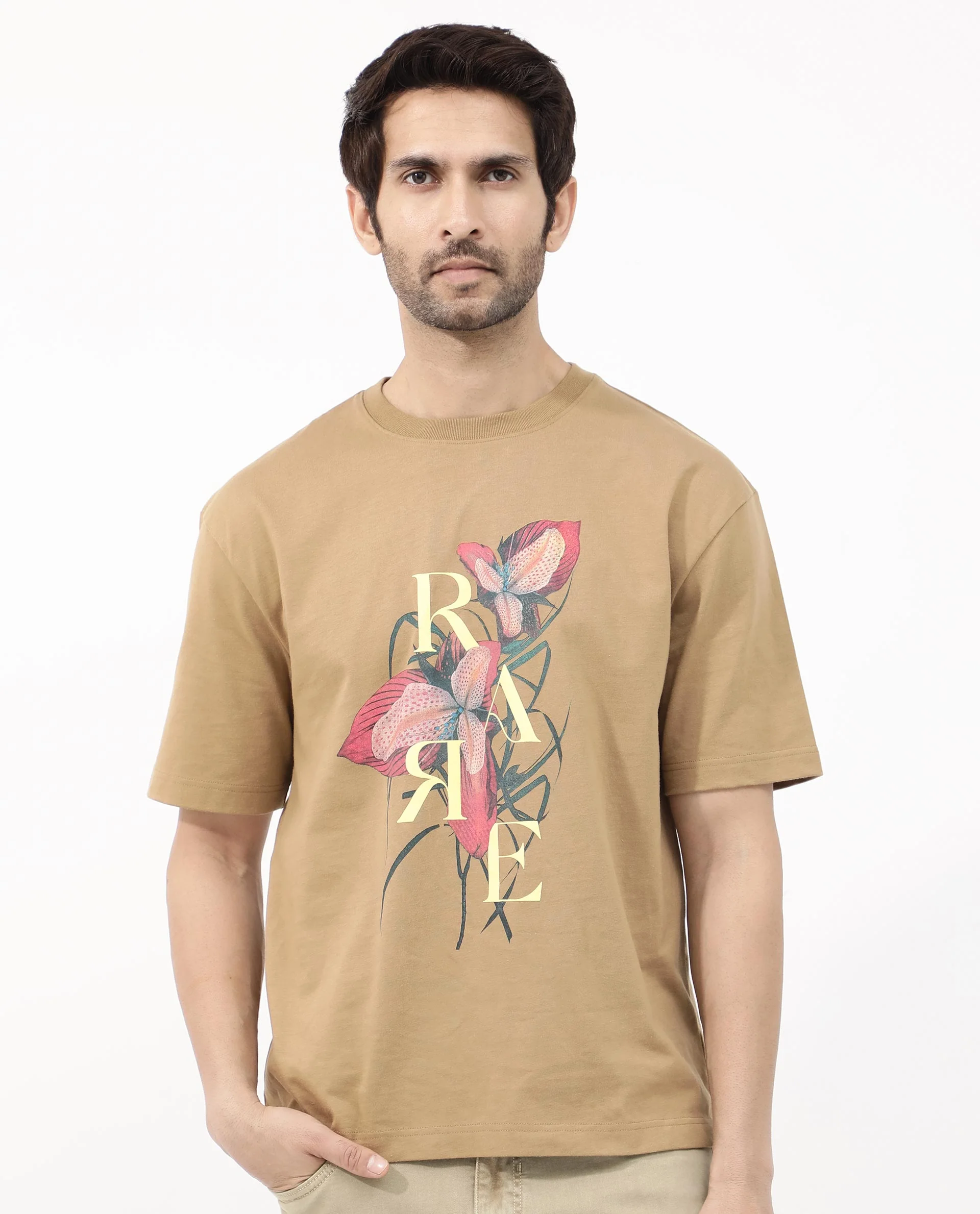 Rare Rabbit Articale Mens Tate Brown Cotton Fabric Short Sleeve Crew Neck Oversized Fit Printed T-Shirt - Image 8
