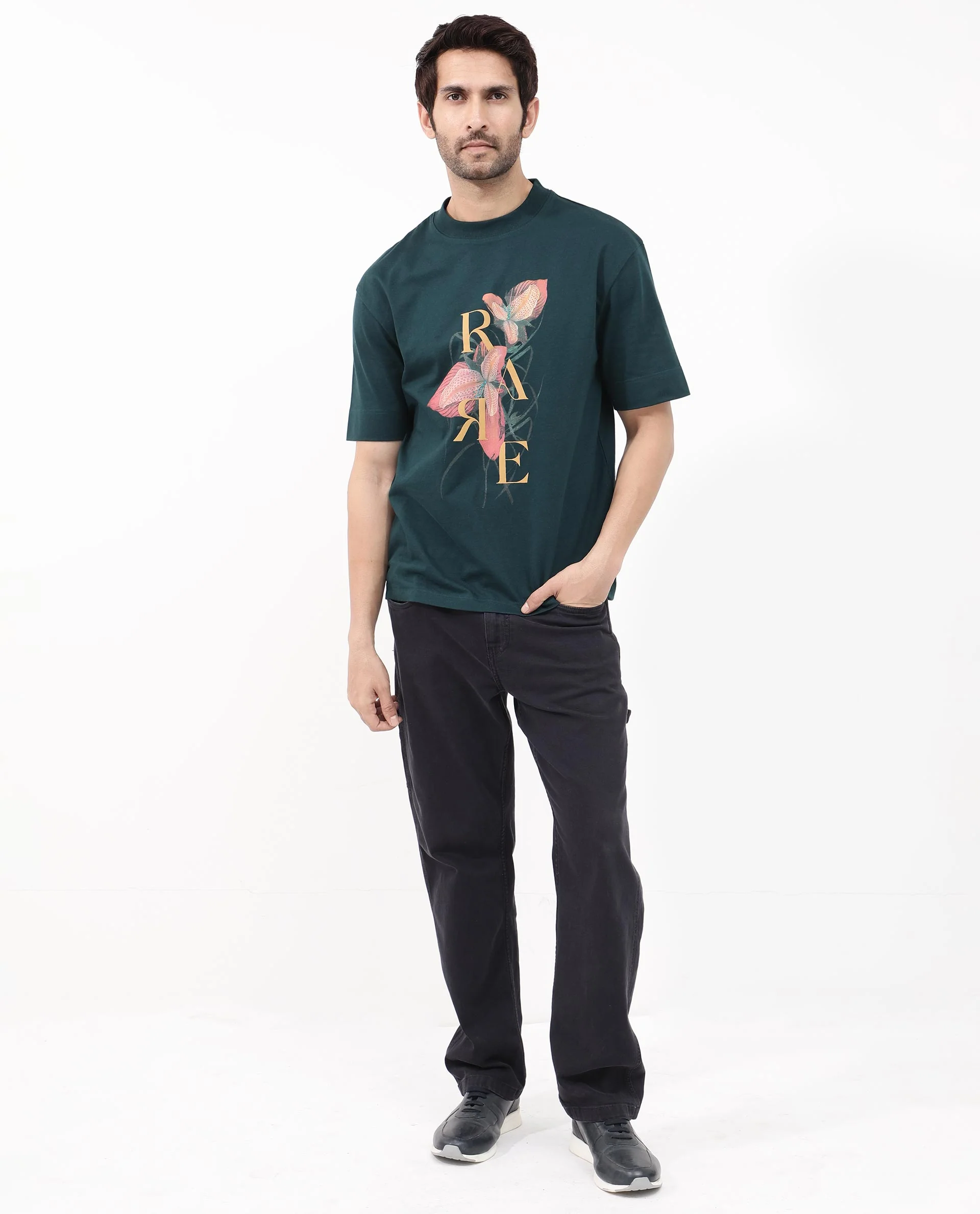 Rare Rabbit Articale Mens Tate Dark Teal Cotton Fabric Short Sleeve Crew Neck Oversized Fit Printed T-Shirt - Image 2