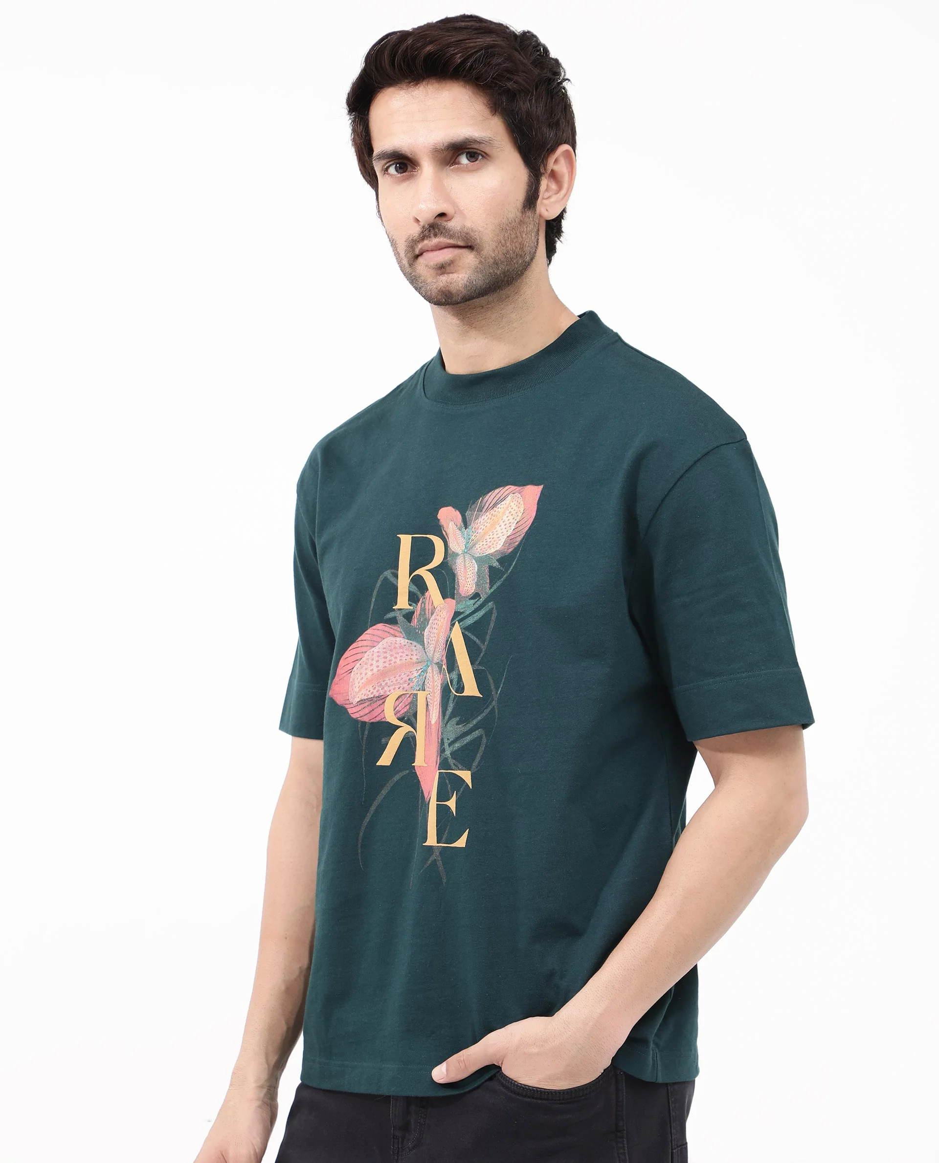 Rare Rabbit Articale Mens Tate Dark Teal Cotton Fabric Short Sleeve Crew Neck Oversized Fit Printed T-Shirt - Image 3