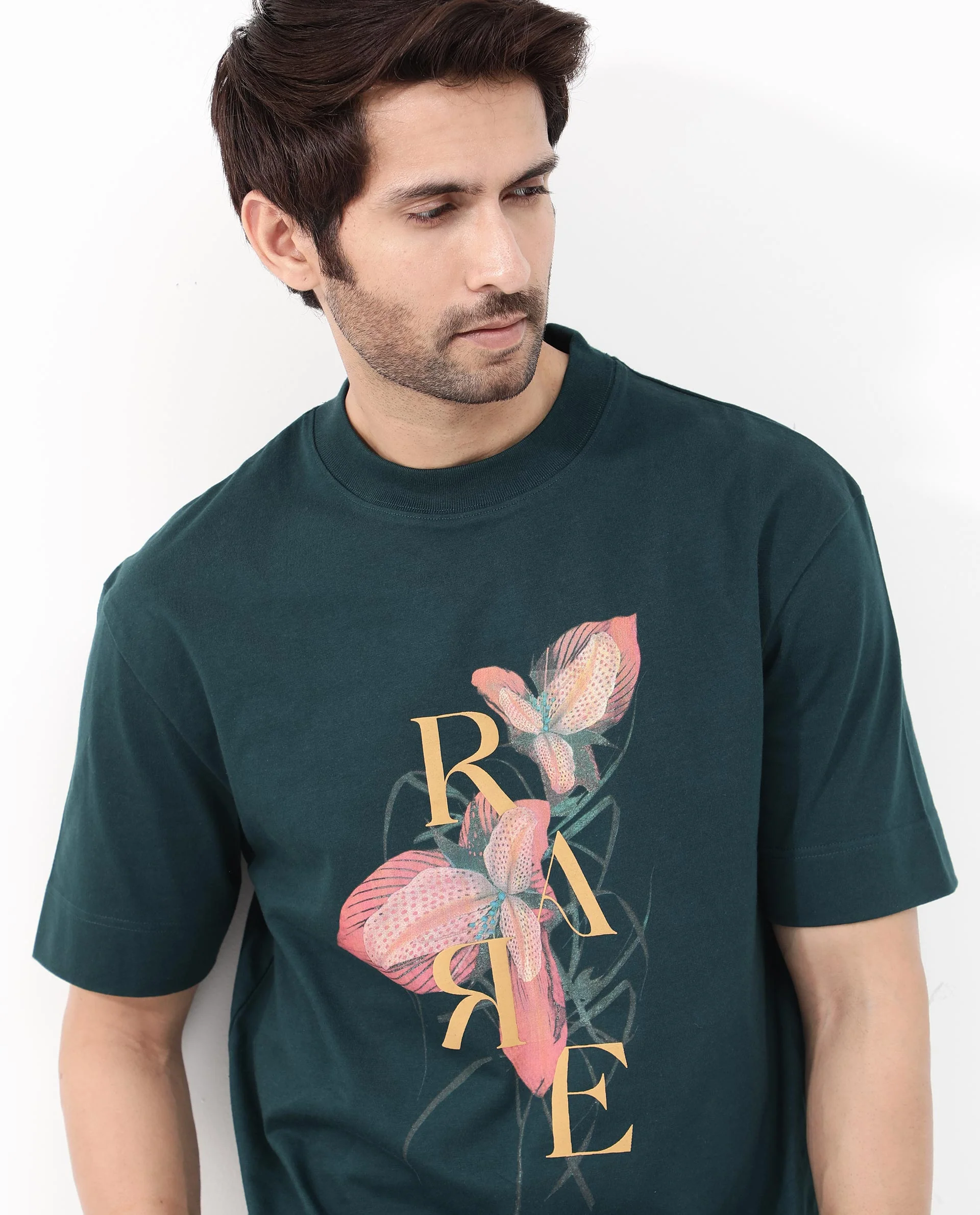 Rare Rabbit Articale Mens Tate Dark Teal Cotton Fabric Short Sleeve Crew Neck Oversized Fit Printed T-Shirt - Image 4