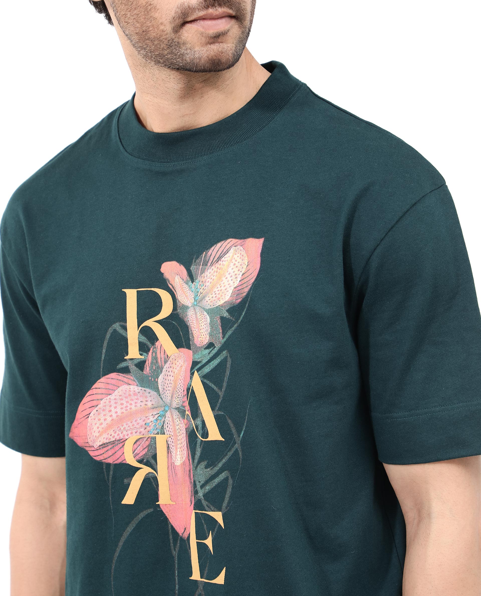 Rare Rabbit Articale Mens Tate Dark Teal Cotton Fabric Short Sleeve Crew Neck Oversized Fit Printed T-Shirt - Image 5