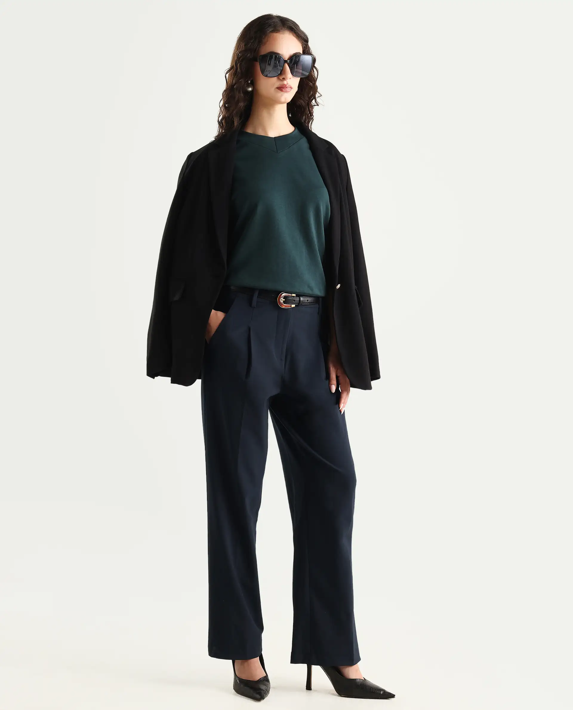 Rareism Women's Tatsa Navy Polyester Blend Plain Ankle Length Straight Fit Trouser