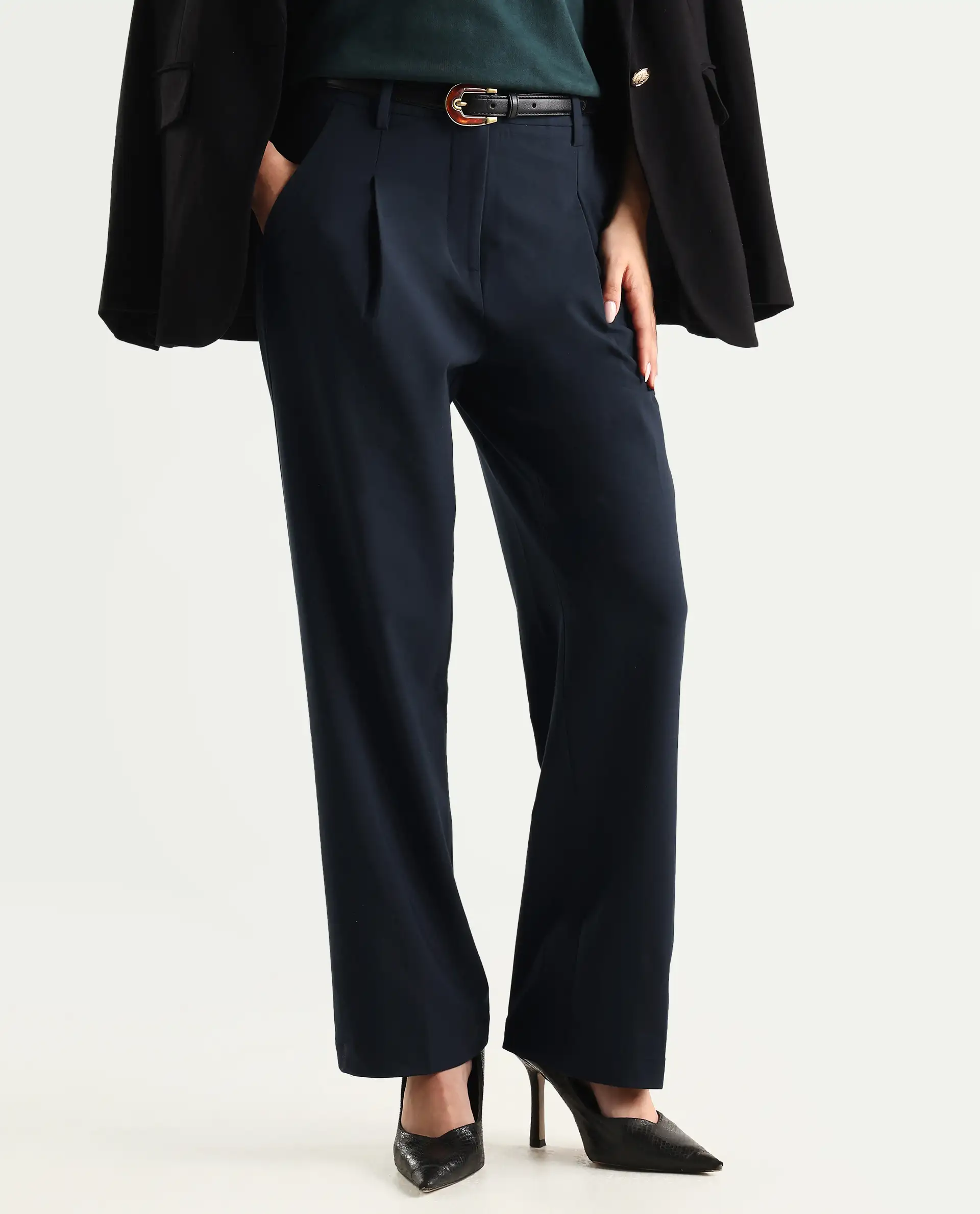 Rareism Women's Tatsa Navy Polyester Blend Plain Ankle Length Straight Fit Trouser - Image 2