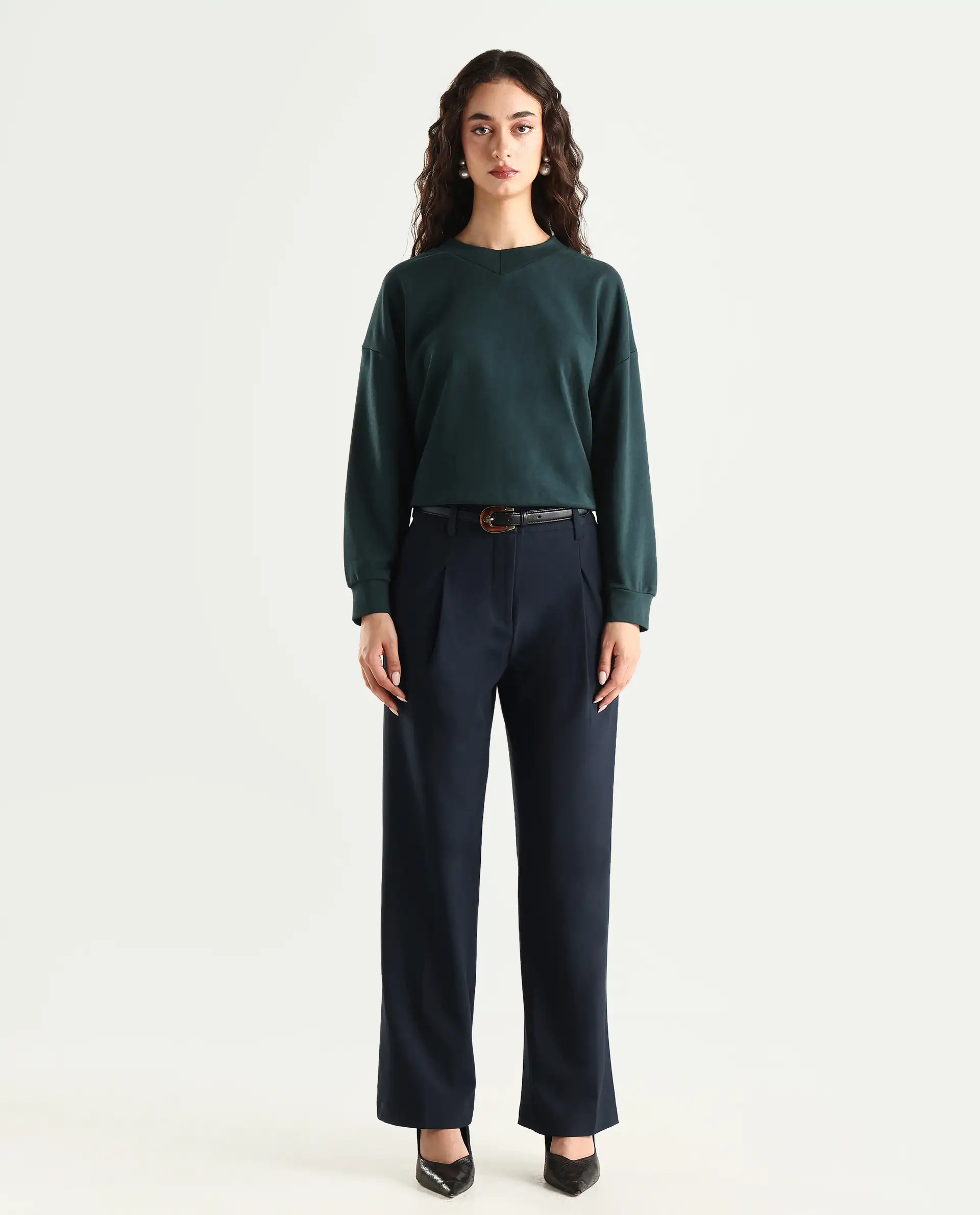 Rareism Women's Tatsa Navy Polyester Blend Plain Ankle Length Straight Fit Trouser - Image 3