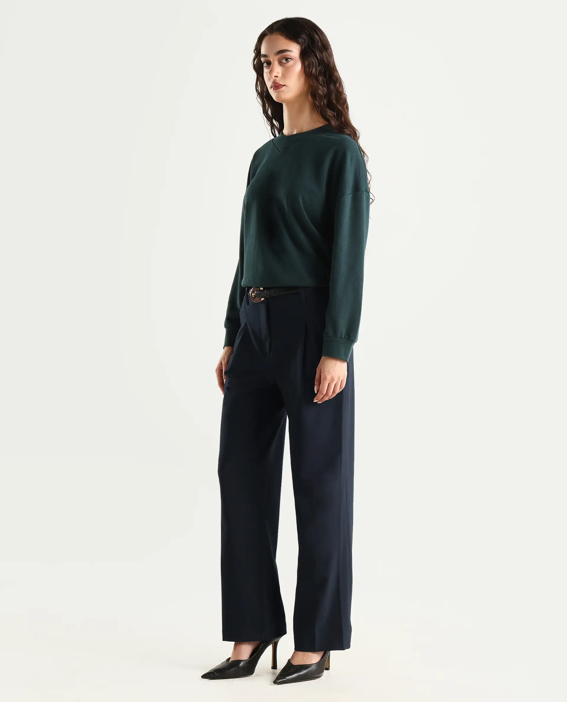 Rareism Women's Tatsa Navy Polyester Blend Plain Ankle Length Straight Fit Trouser - Image 5
