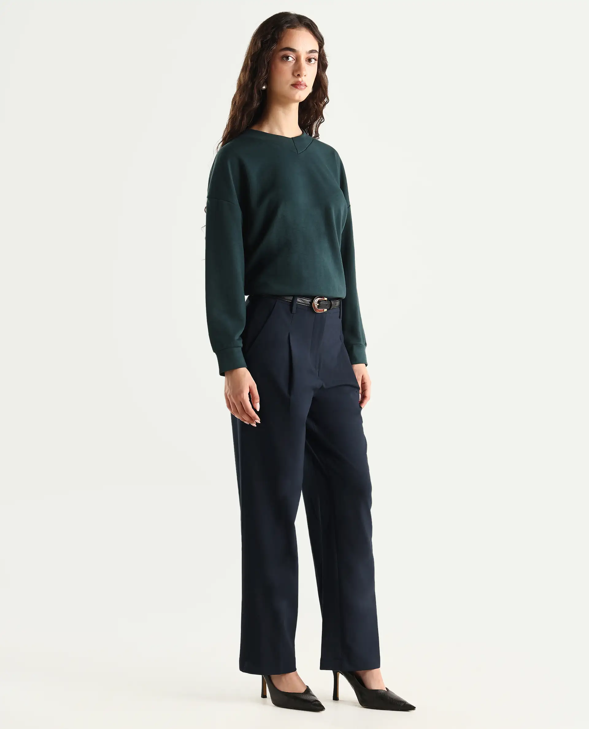 Rareism Women's Tatsa Navy Polyester Blend Plain Ankle Length Straight Fit Trouser - Image 6