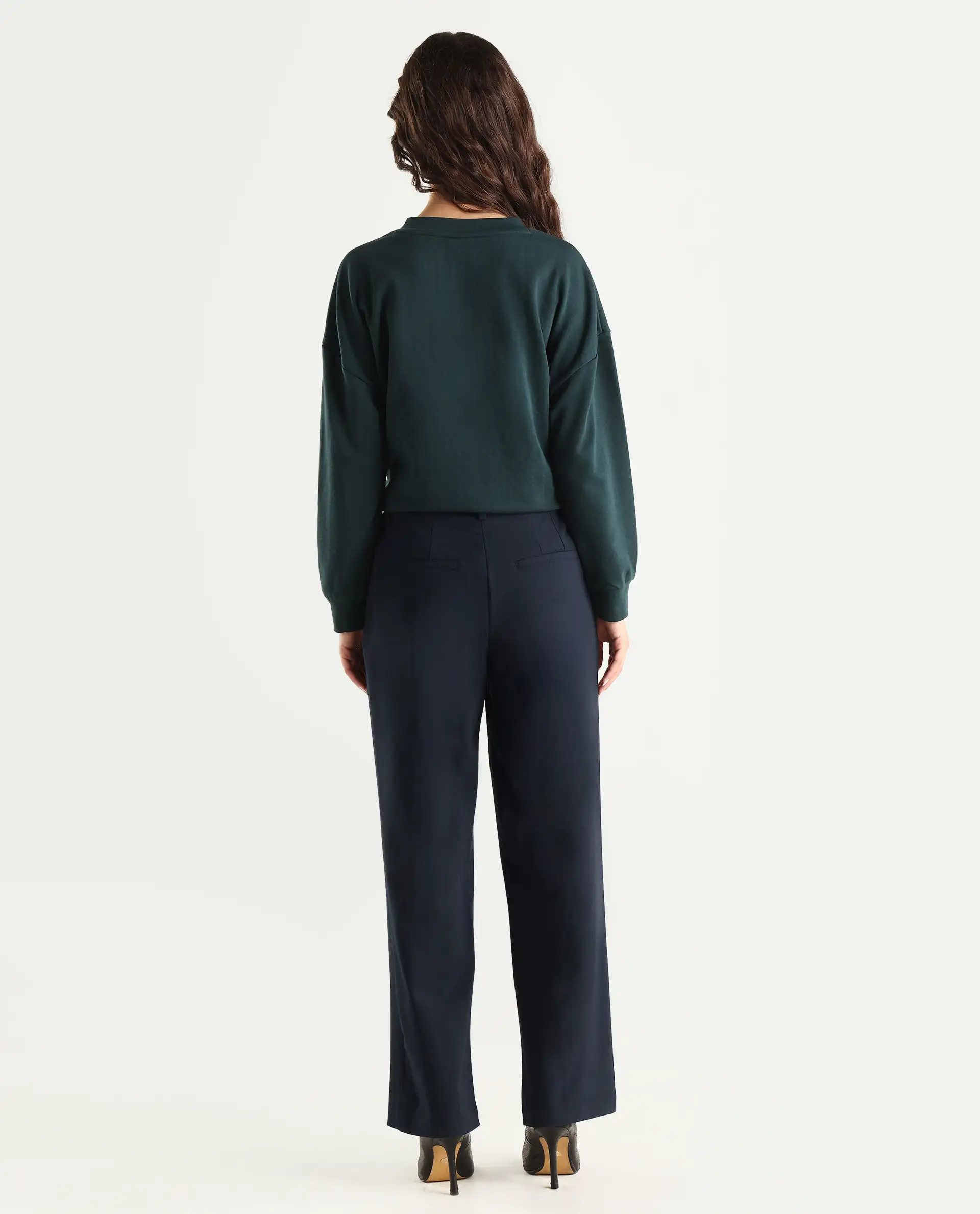 Rareism Women's Tatsa Navy Polyester Blend Plain Ankle Length Straight Fit Trouser - Image 7
