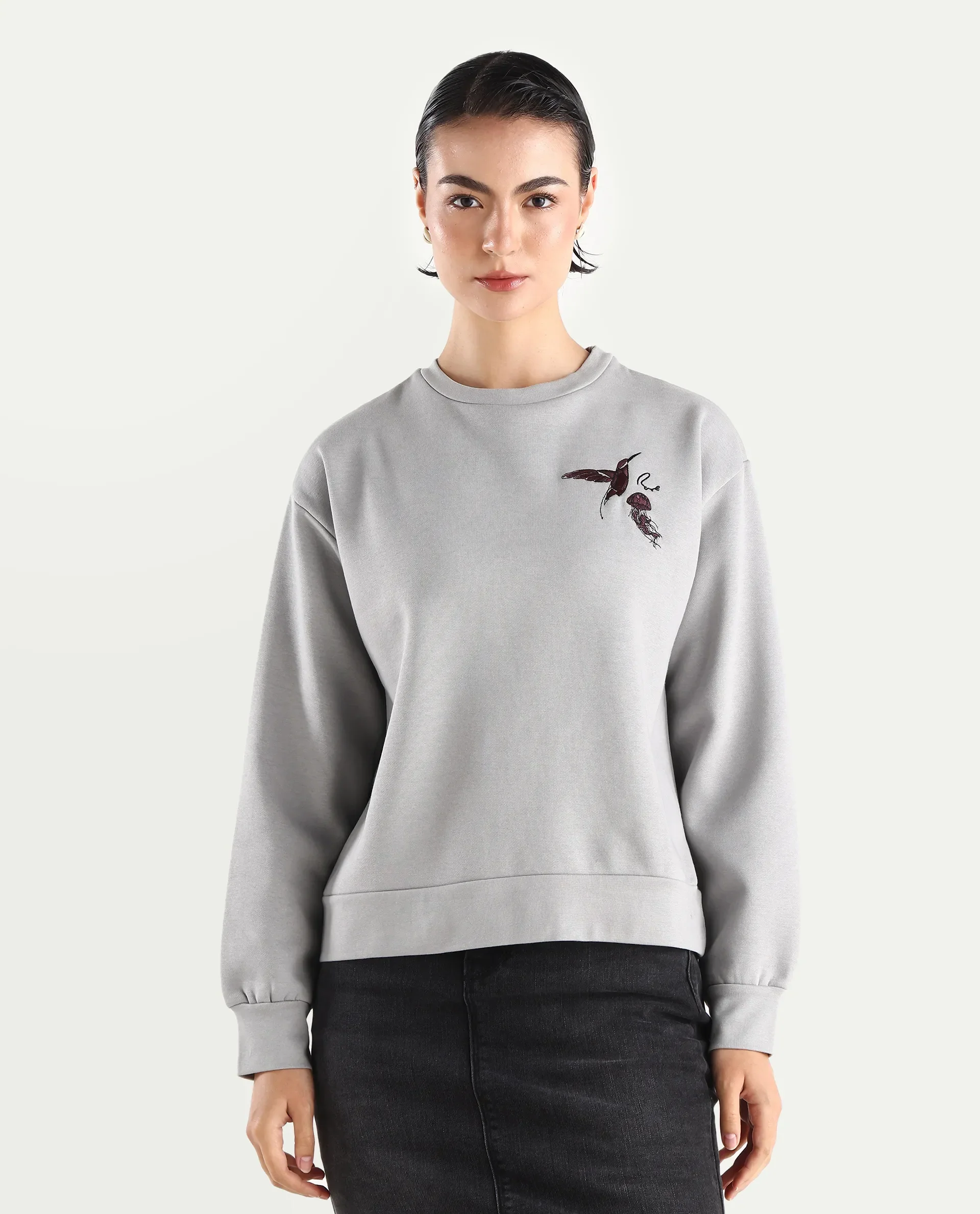Rareism Women's Taur Grey Cotton Blend Crew Neck Graphic Print Relaxed Fit Sweatshirt - Image 2