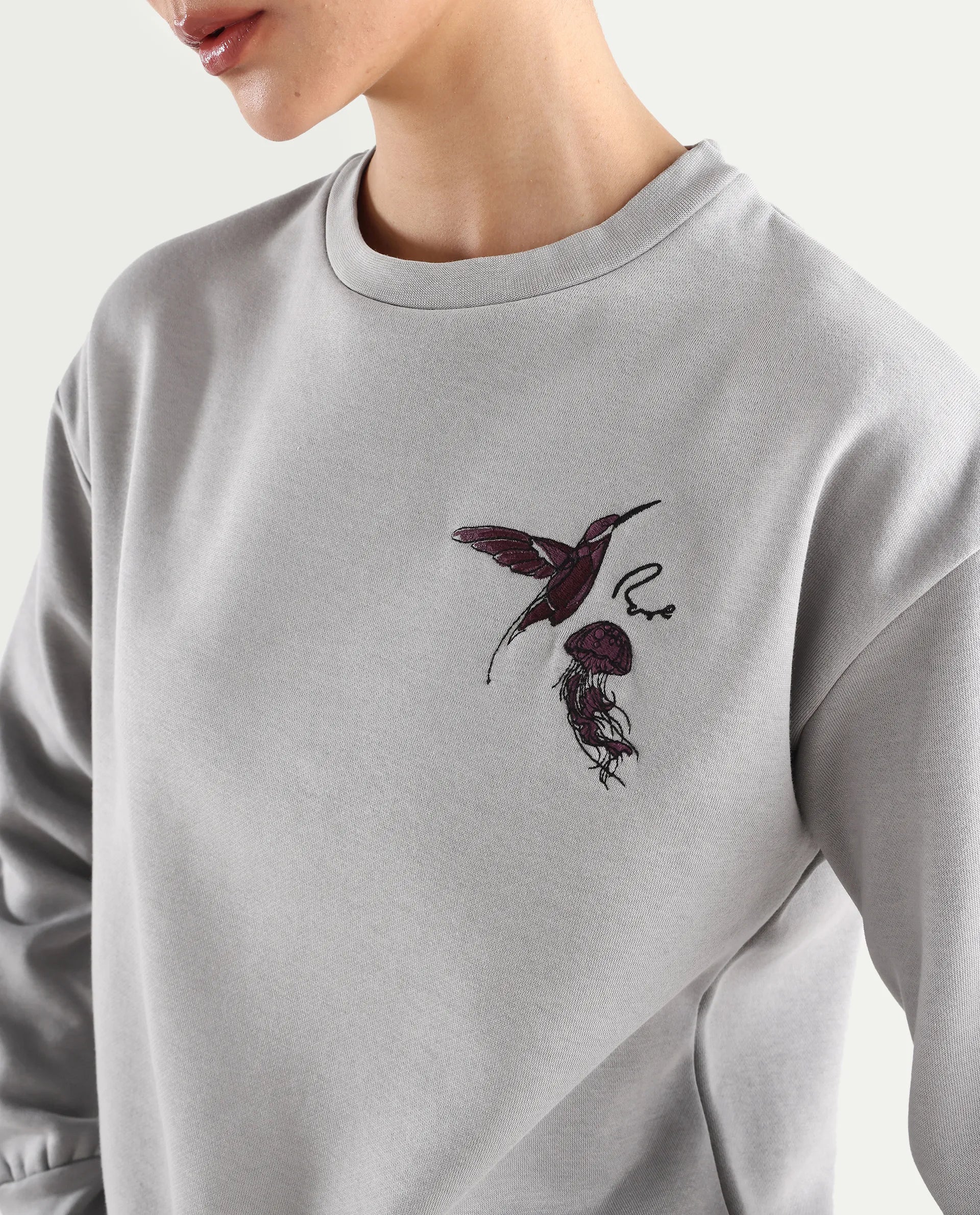Rareism Women's Taur Grey Cotton Blend Crew Neck Graphic Print Relaxed Fit Sweatshirt - Image 4