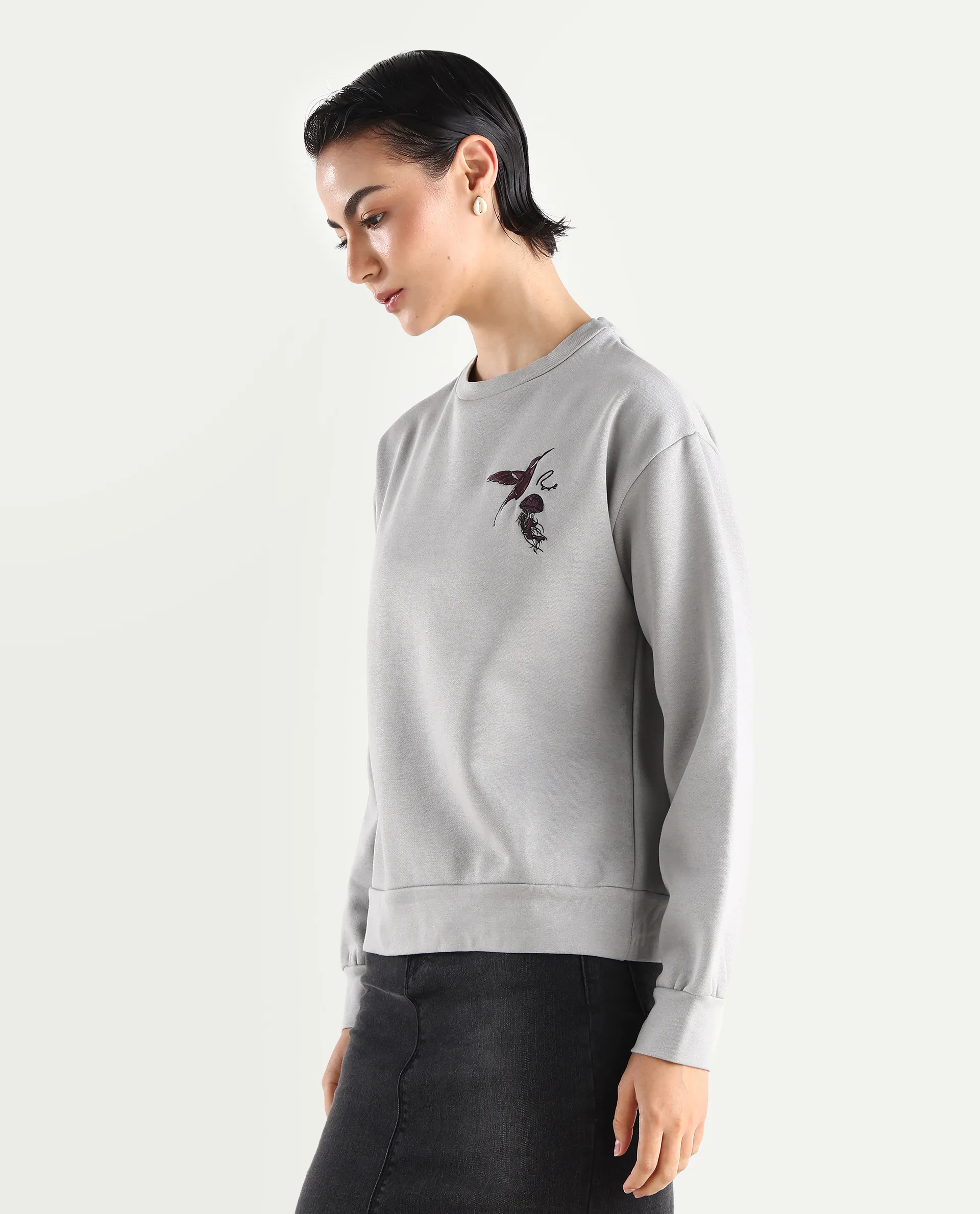 Rareism Women's Taur Grey Cotton Blend Crew Neck Graphic Print Relaxed Fit Sweatshirt - Image 5