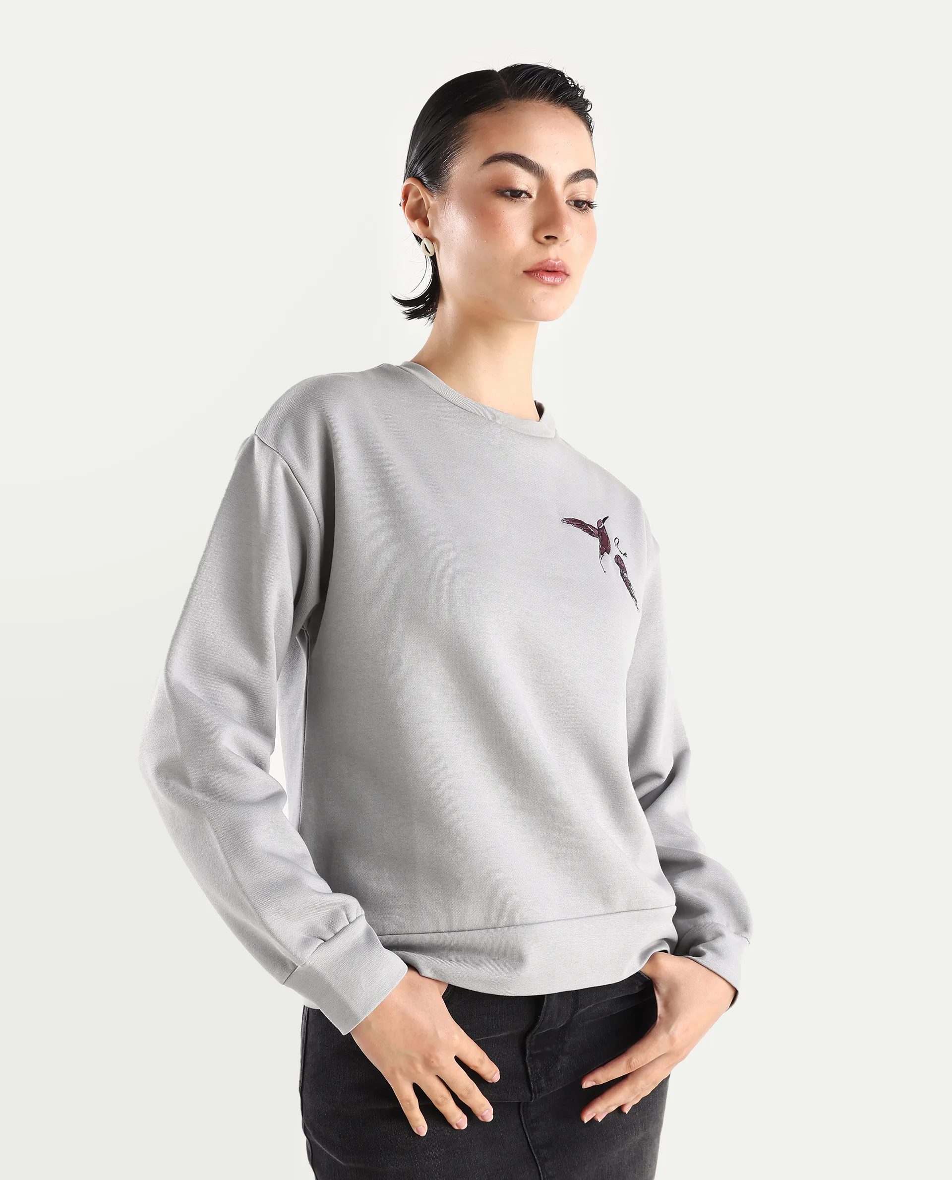 Rareism Women's Taur Grey Cotton Blend Crew Neck Graphic Print Relaxed Fit Sweatshirt - Image 6