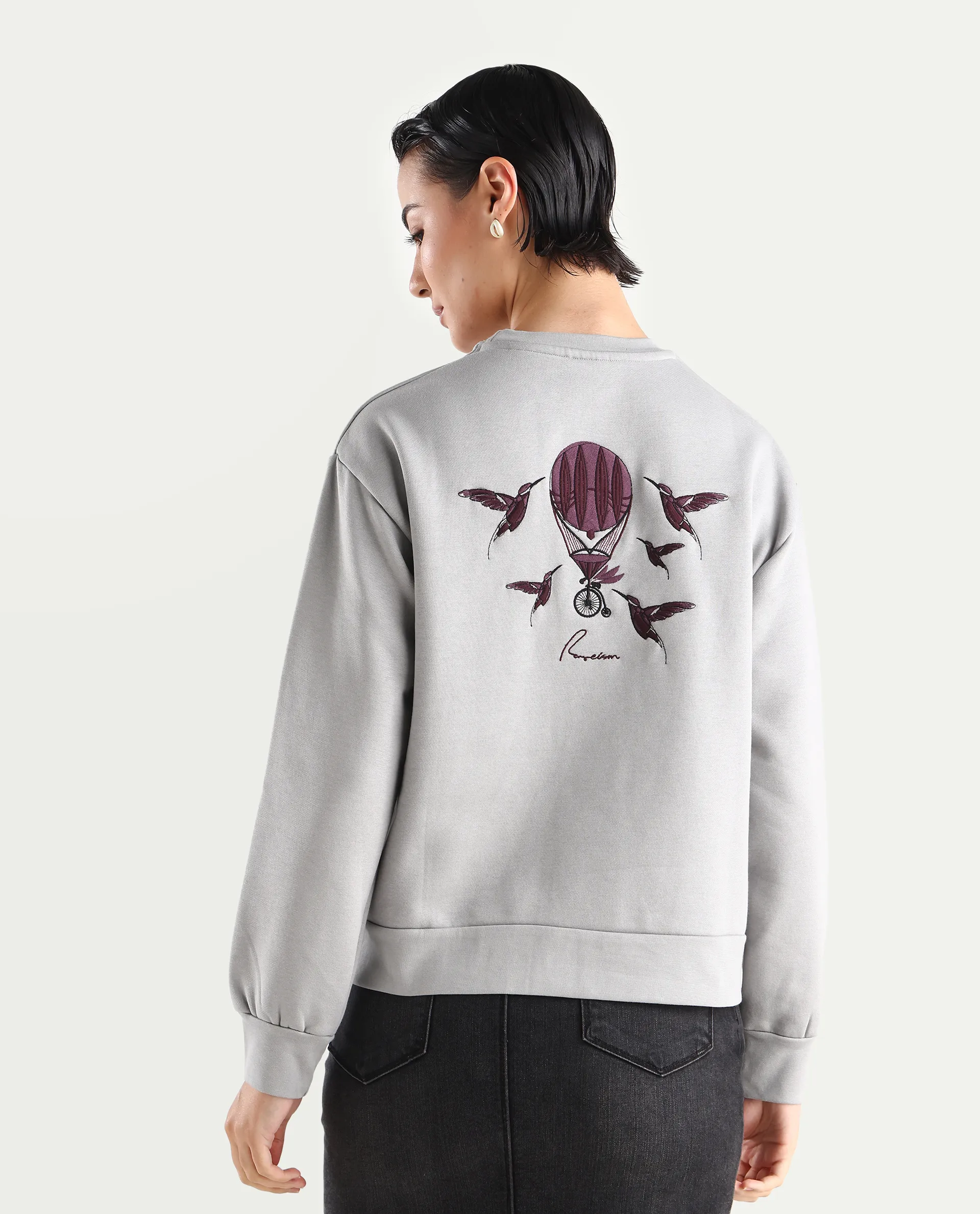 Rareism Women's Taur Grey Cotton Blend Crew Neck Graphic Print Relaxed Fit Sweatshirt - Image 7