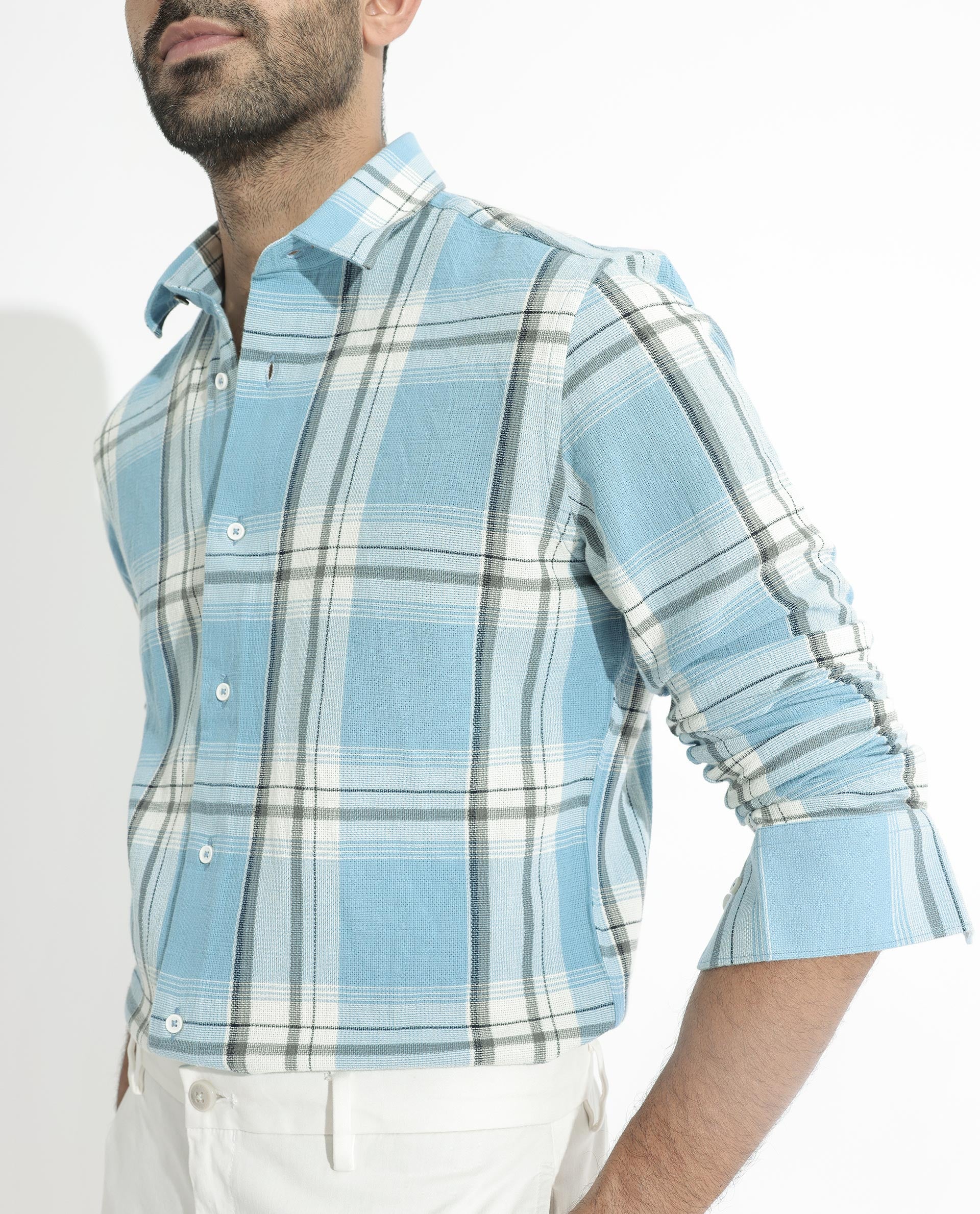 Rare Rabbit Men's Taverna Blue Cotton Checked Print Tailored Fit Full Sleeve Collared Shirt - Image 3