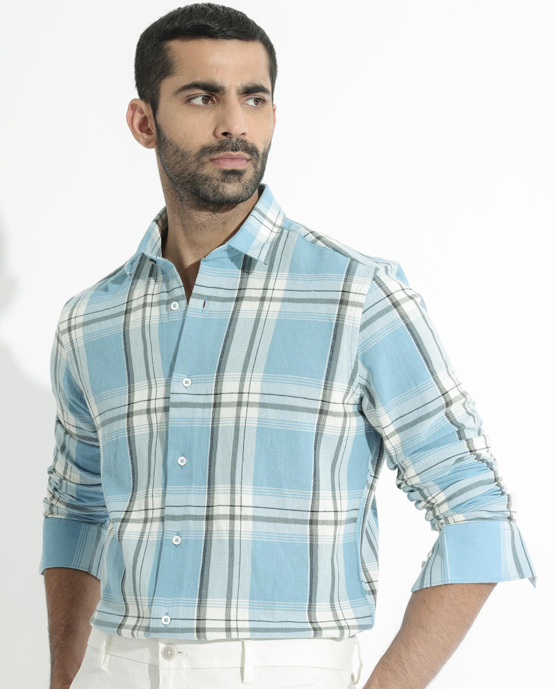 Rare Rabbit Men's Taverna Blue Cotton Checked Print Tailored Fit Full Sleeve Collared Shirt - Image 4