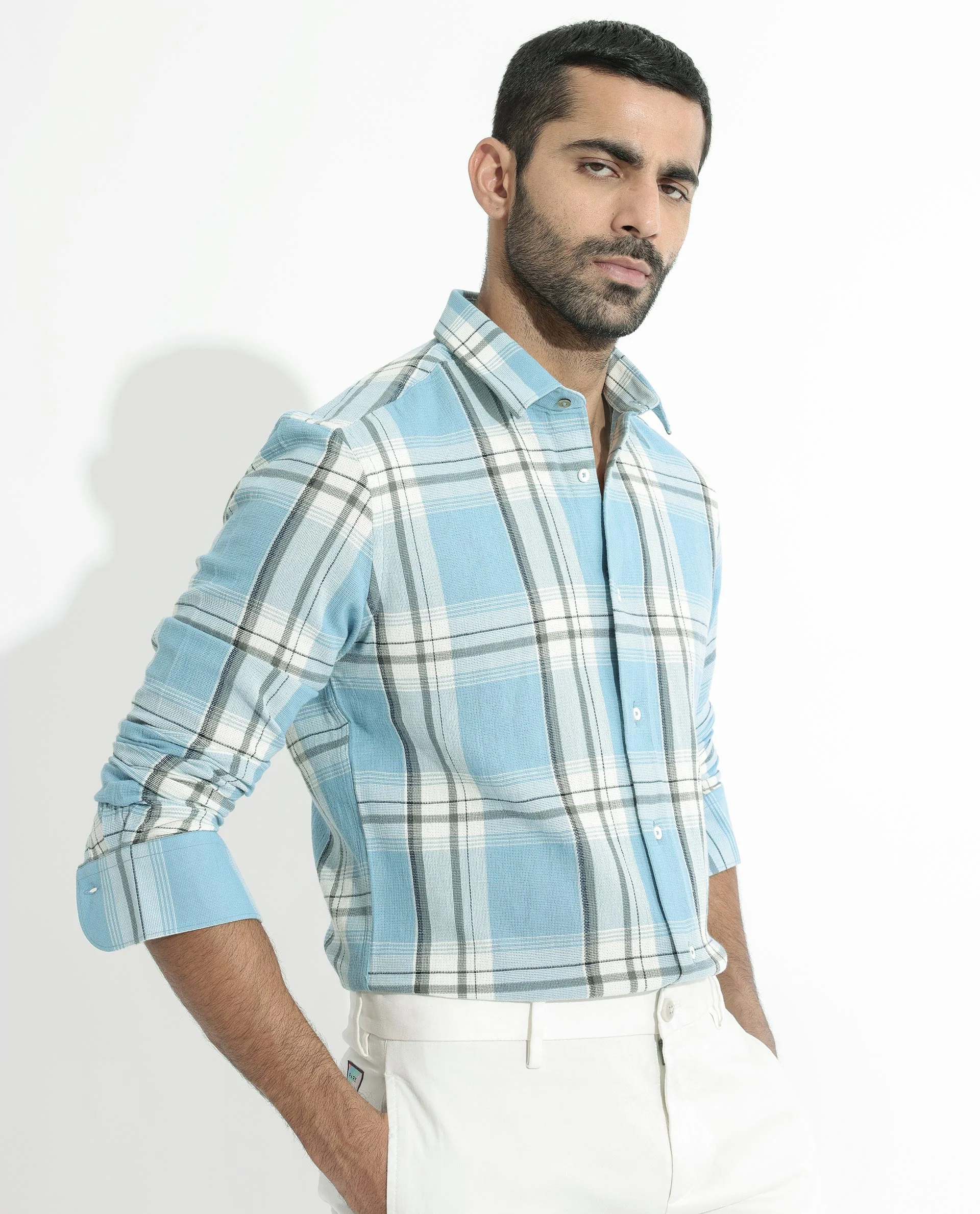 Rare Rabbit Men's Taverna Blue Cotton Checked Print Tailored Fit Full Sleeve Collared Shirt - Image 6