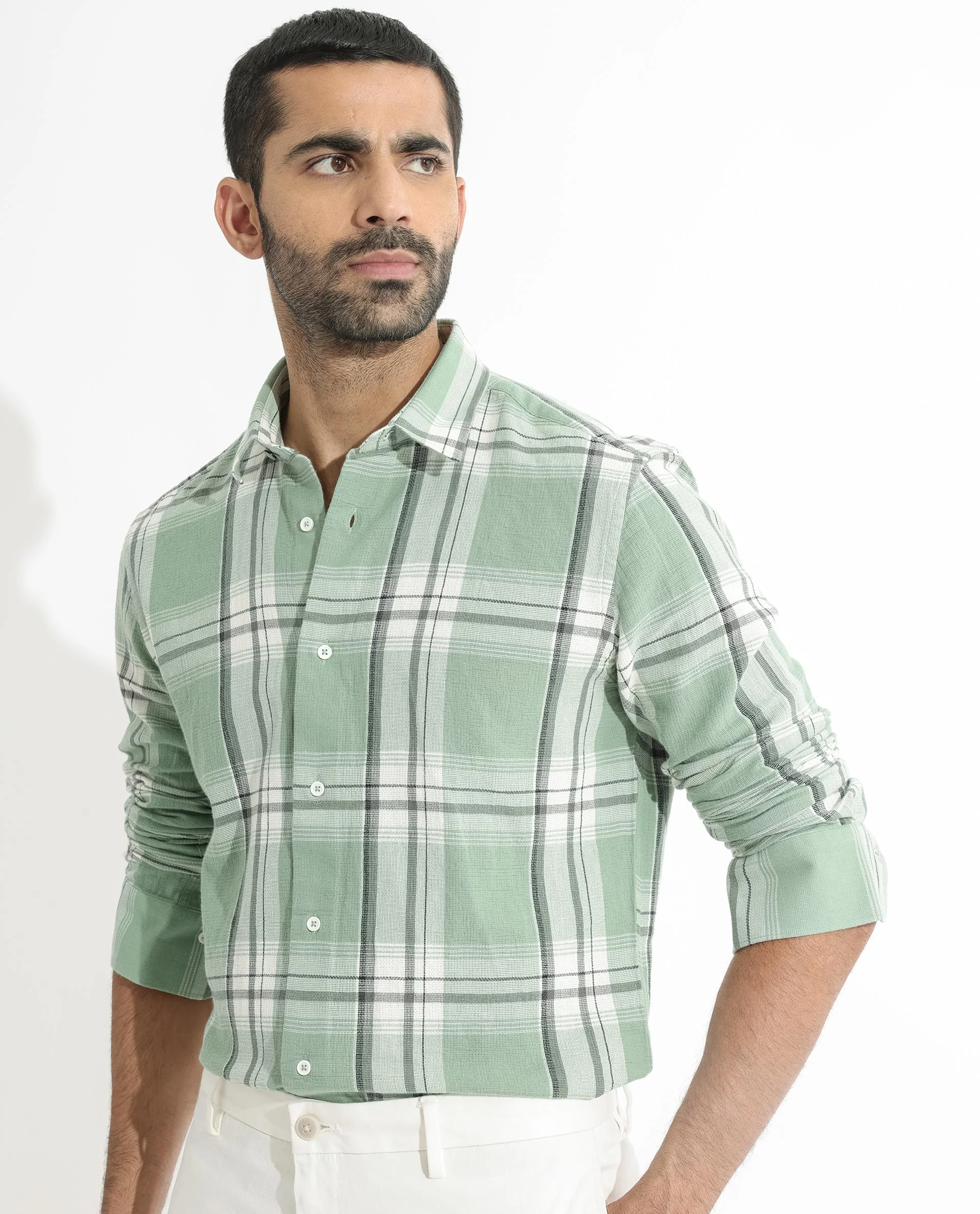 Rare Rabbit Men's Taverna Green Cotton Checked Print Tailored Fit Full Sleeve Collared Shirt - Image 6