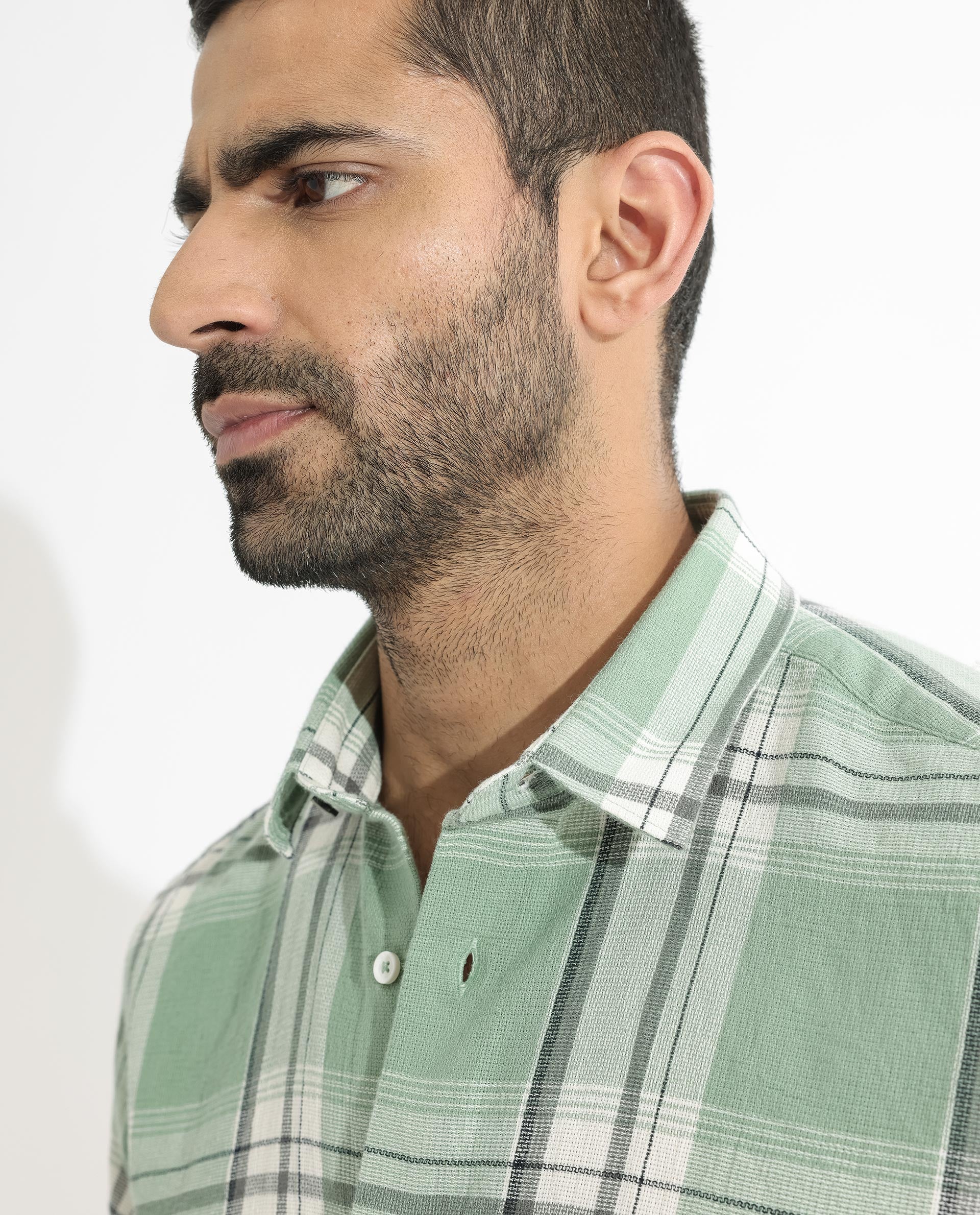 Rare Rabbit Men's Taverna Green Cotton Checked Print Tailored Fit Full Sleeve Collared Shirt - Image 7