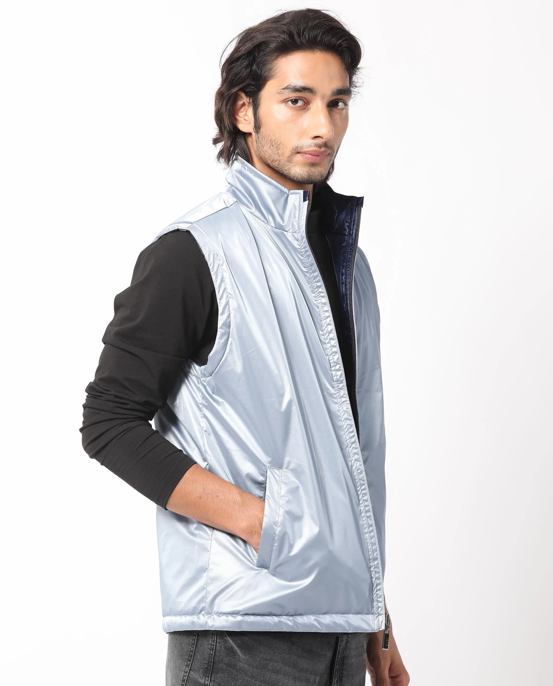 Rare Rabbit Men's Taxco Navy Polyester Plain Regular Fit Sleeveless Mandarin Collar Jacket - Image 10