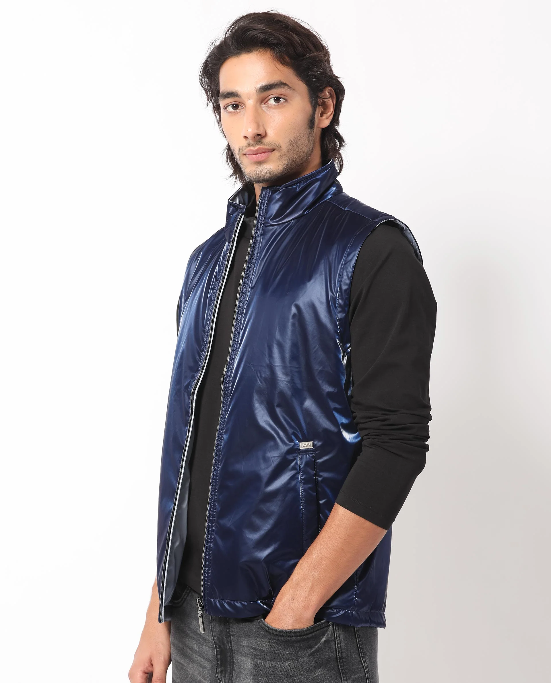 Rare Rabbit Men's Taxco Navy Polyester Plain Regular Fit Sleeveless Mandarin Collar Jacket - Image 14