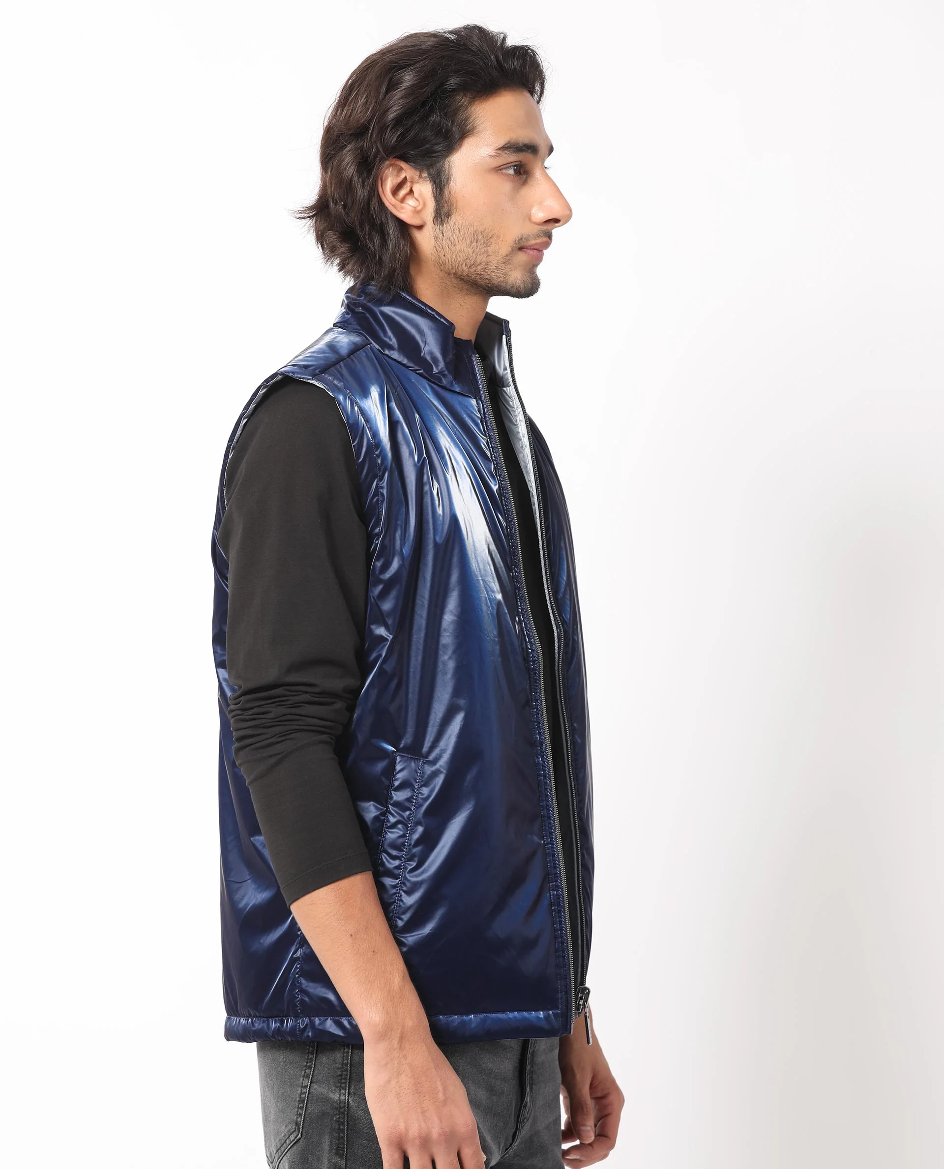 Rare Rabbit Men's Taxco Navy Polyester Plain Regular Fit Sleeveless Mandarin Collar Jacket - Image 15
