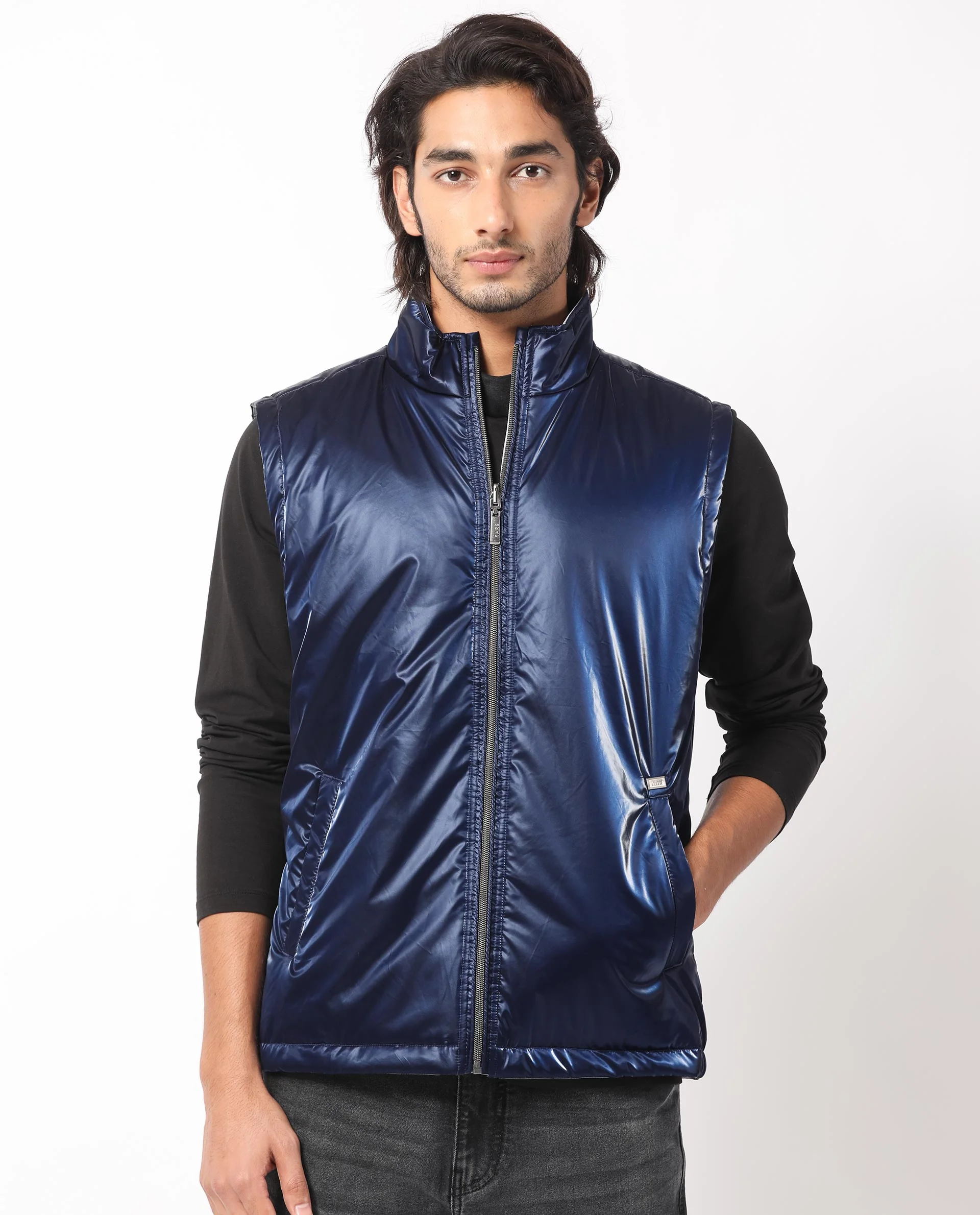 Rare Rabbit Men's Taxco Navy Polyester Plain Regular Fit Sleeveless Mandarin Collar Jacket - Image 4