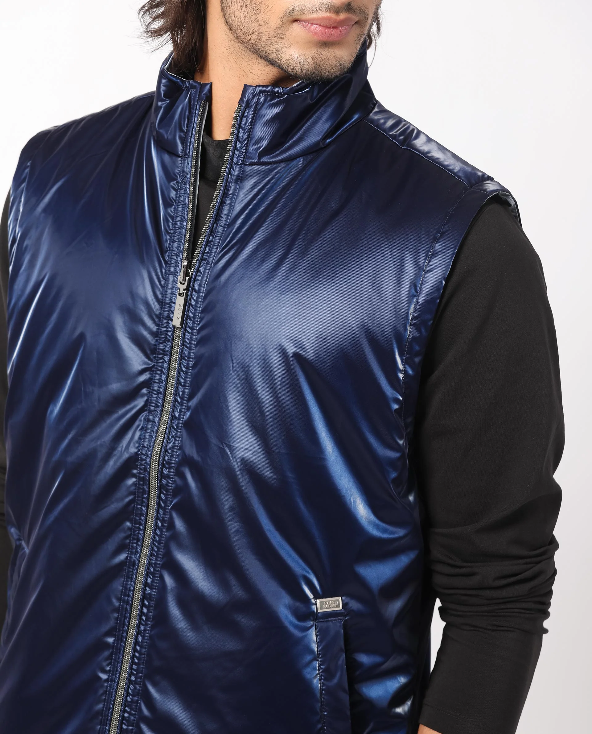 Rare Rabbit Men's Taxco Navy Polyester Plain Regular Fit Sleeveless Mandarin Collar Jacket - Image 5