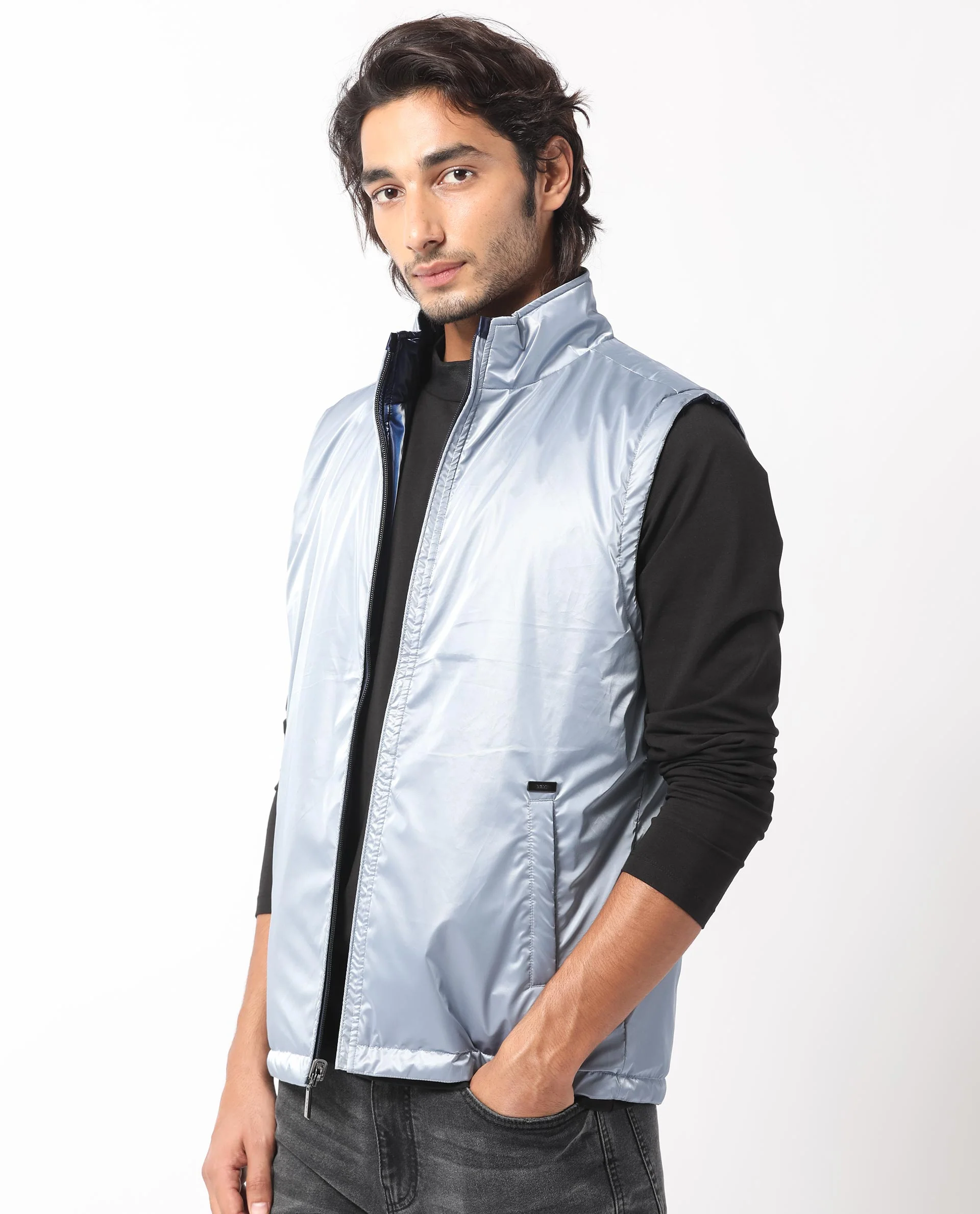 Rare Rabbit Men's Taxco Navy Polyester Plain Regular Fit Sleeveless Mandarin Collar Jacket - Image 9