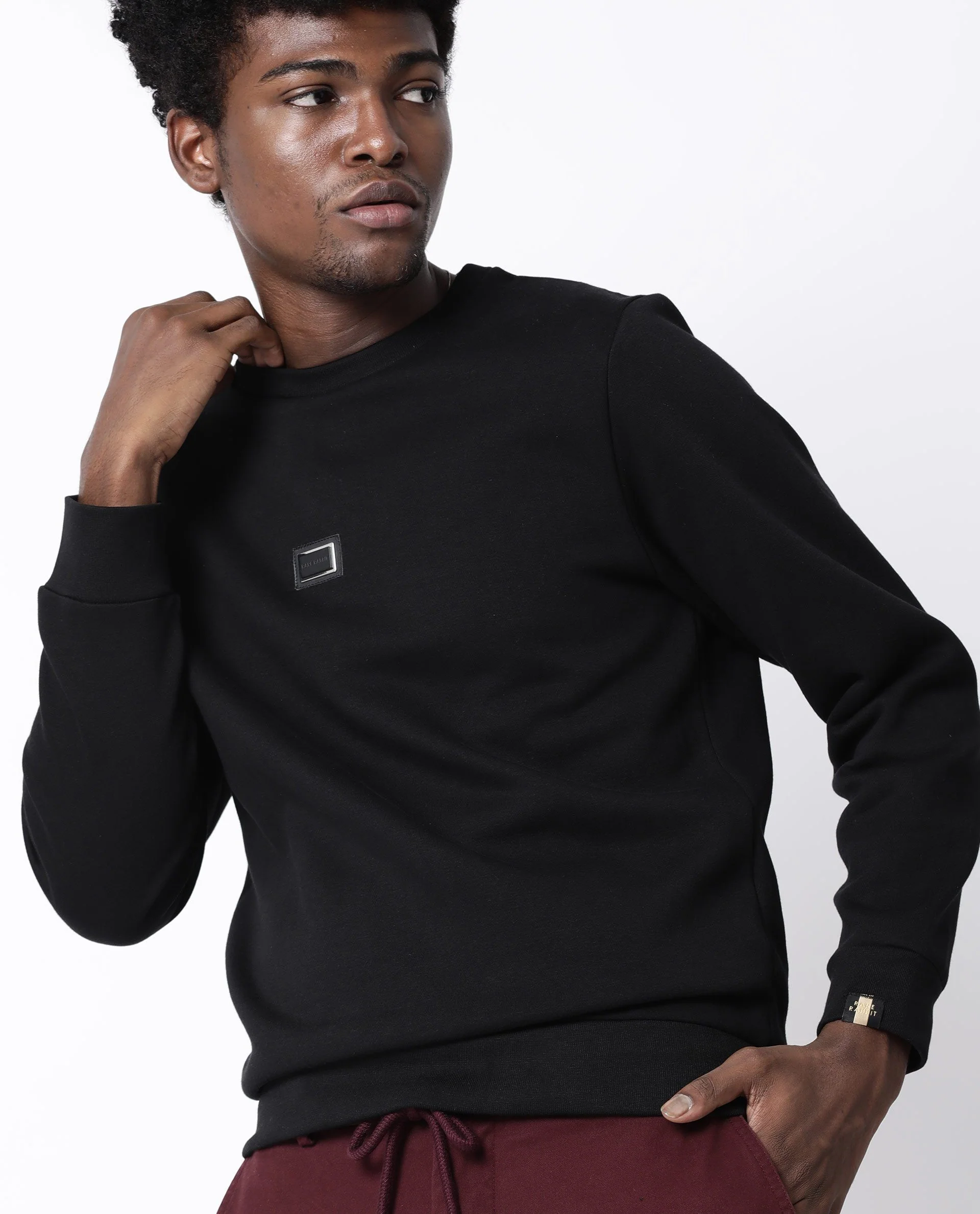 Rare Rabbit Men's Tayla Black Cotton Plain Slim Fit Full Sleeve Crew Neck Sweatshirt - Image 6