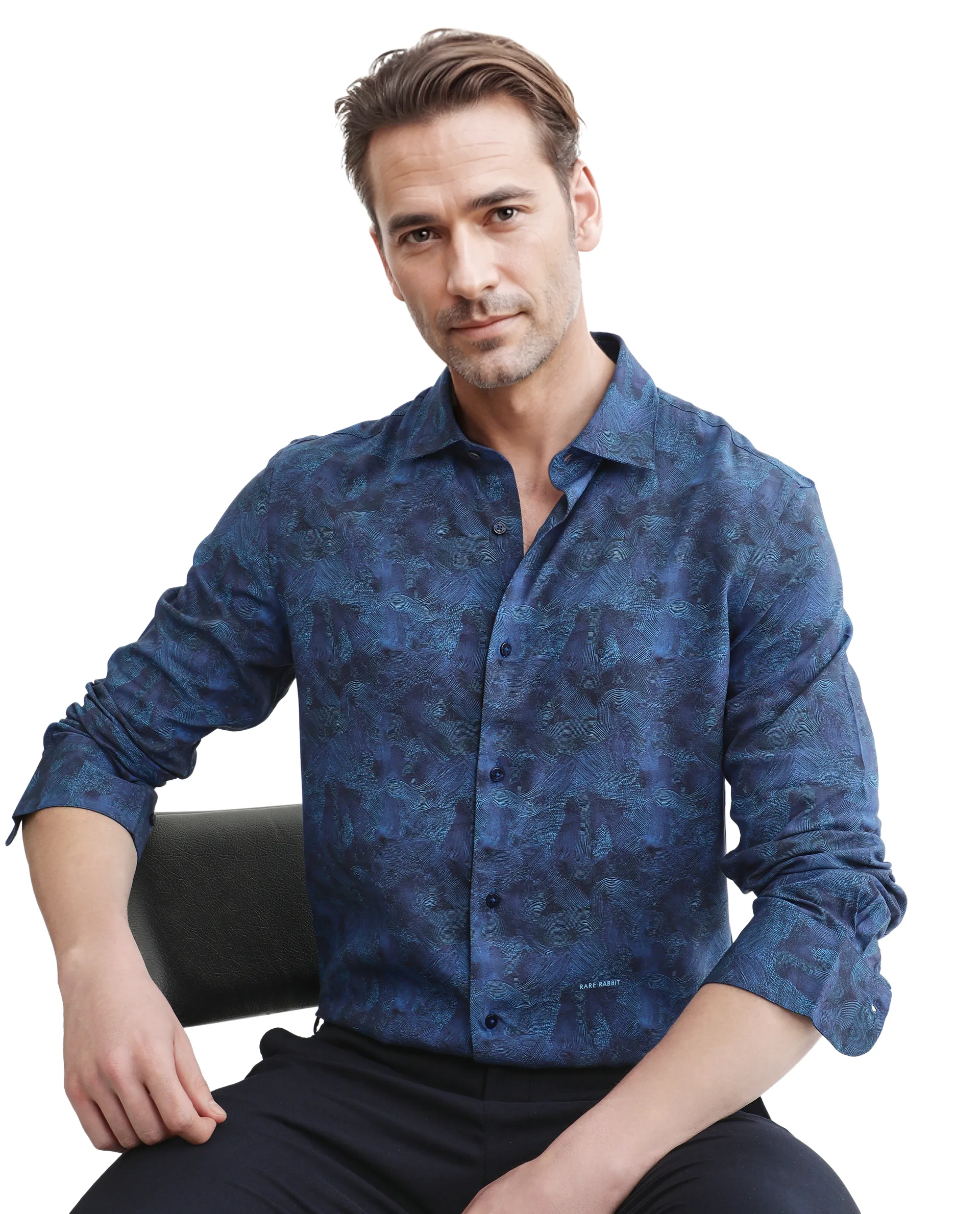 Rare Rabbit Men's Taylor Navy Abstract Print Boxy Fit Full Sleeve Collared Shirt - Image 5
