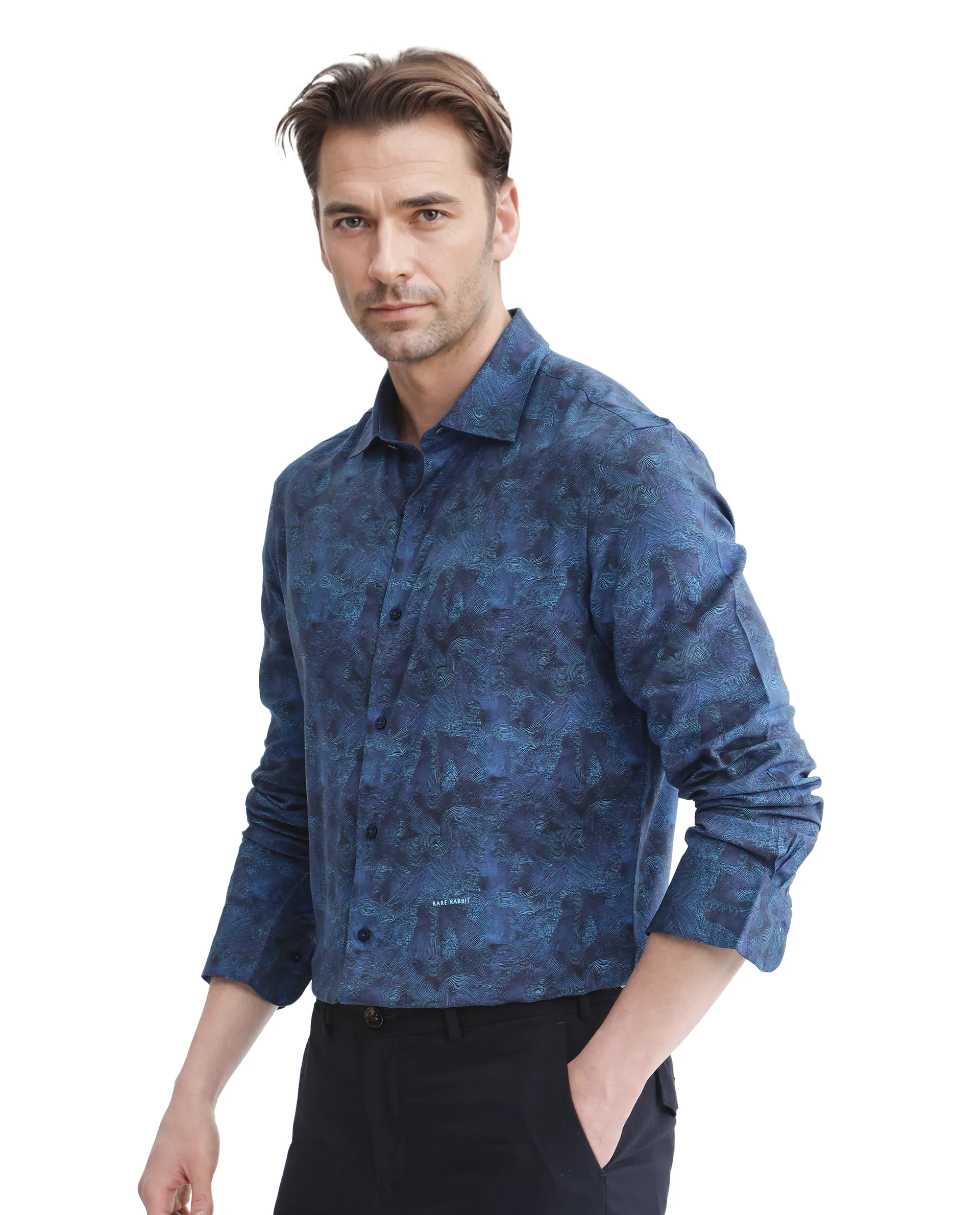 Rare Rabbit Men's Taylor Navy Abstract Print Boxy Fit Full Sleeve Collared Shirt - Image 7