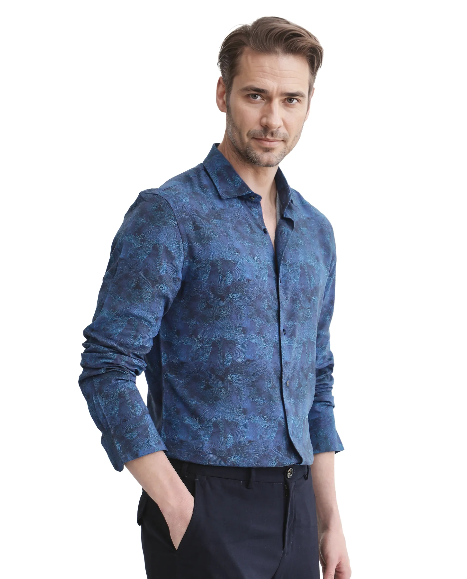Rare Rabbit Men's Taylor Navy Abstract Print Boxy Fit Full Sleeve Collared Shirt - Image 8