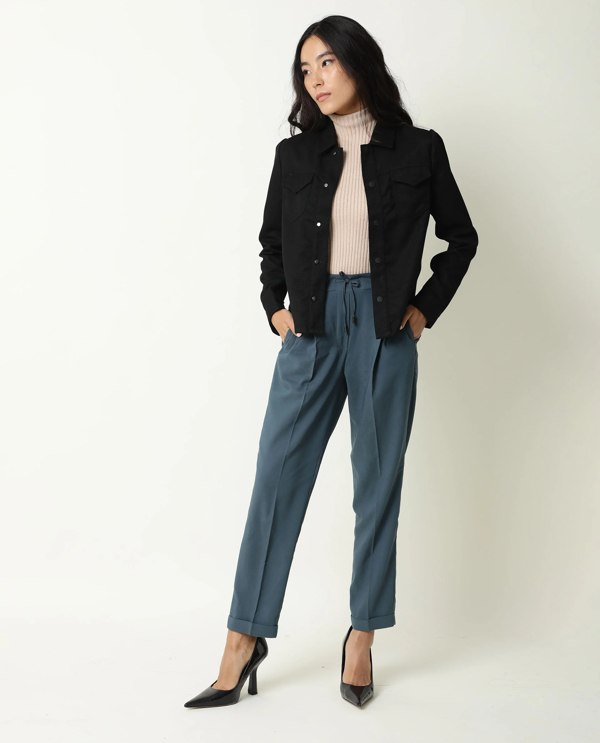 Rareism Women Taz Black Jacket Full Sleeves Solid - Image 2