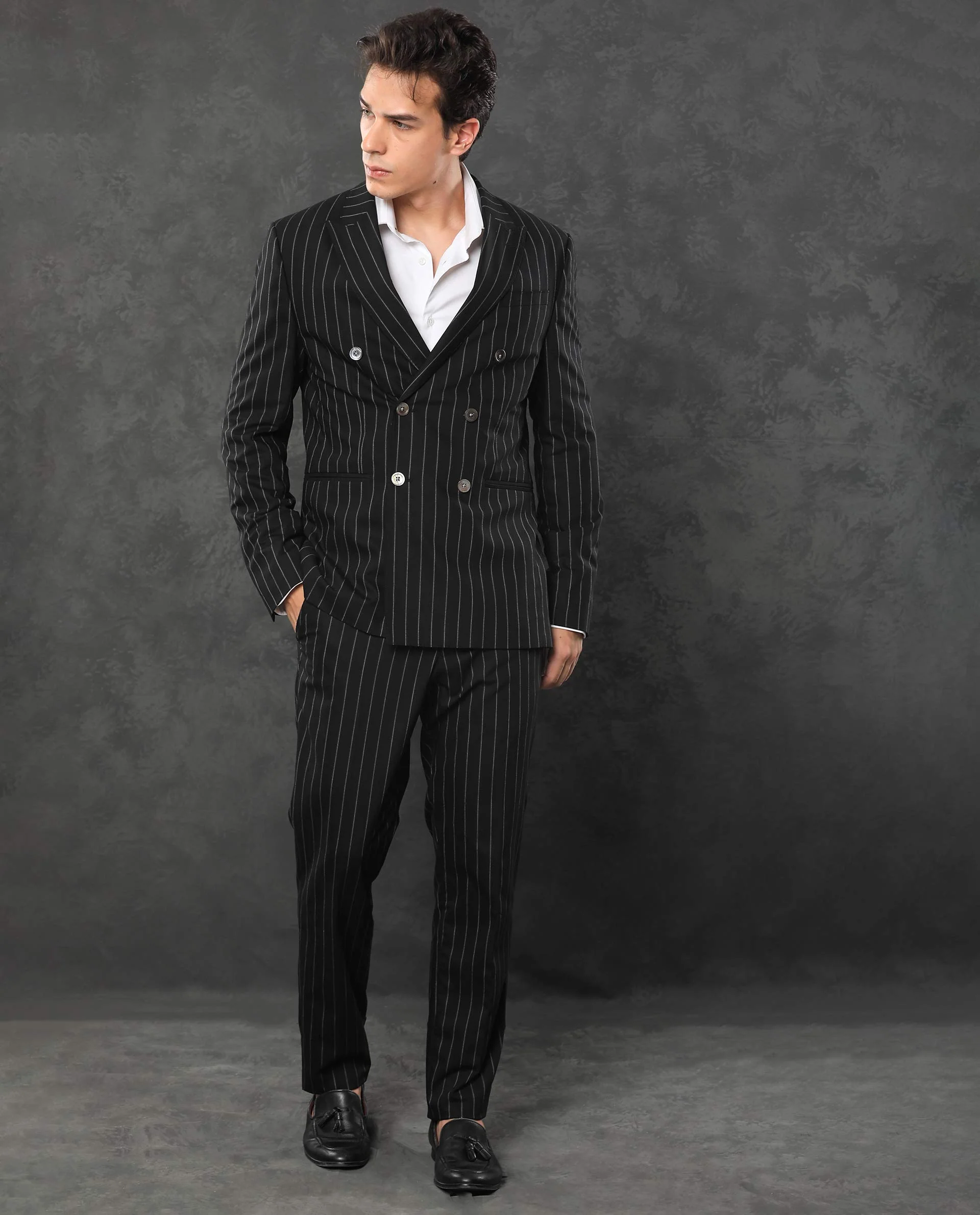 Rare Rabbit Men's Tazy Black Polyester Striped Print Tailored Fit Full Sleeve Lapel Neck Suits - Image 4