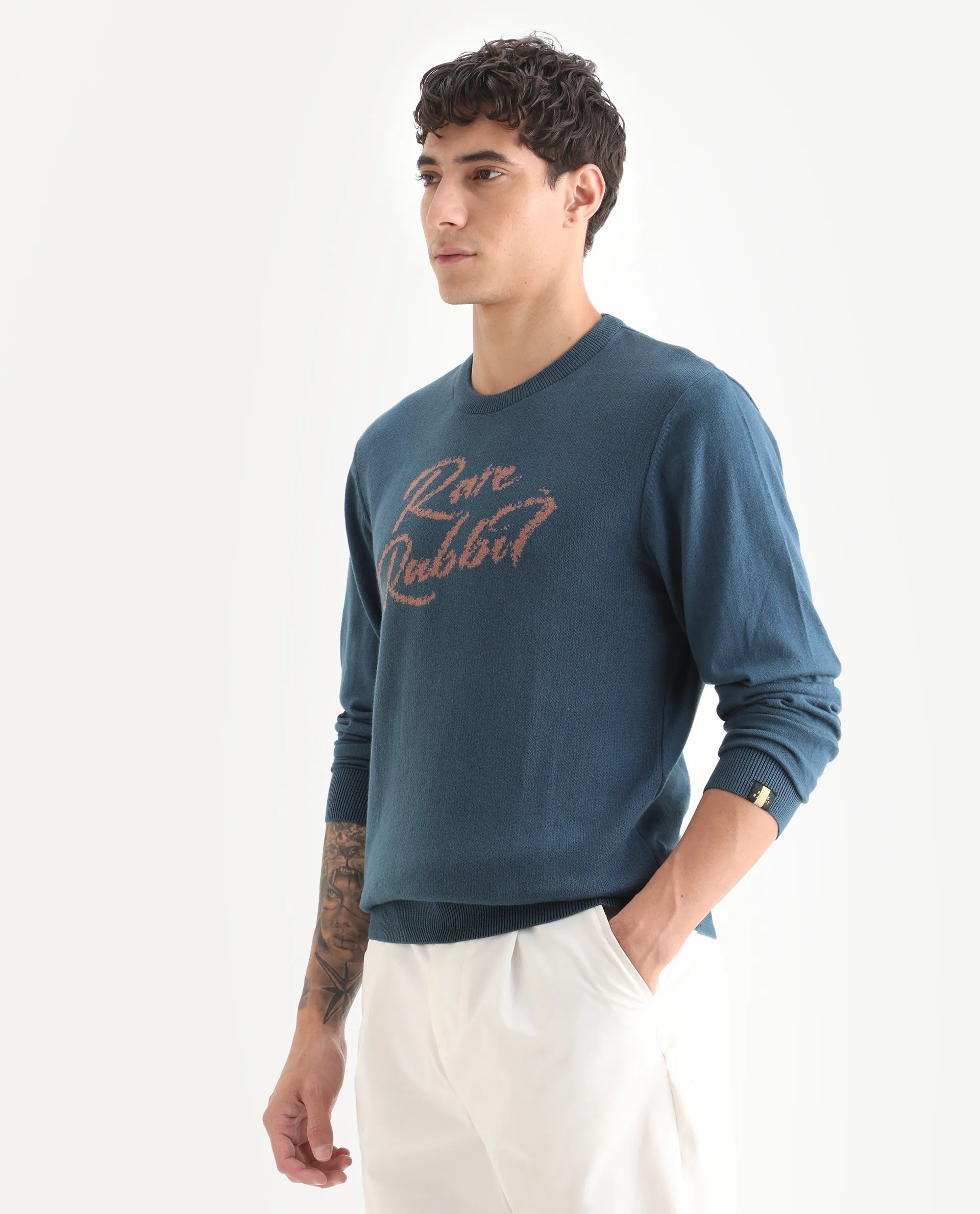 Rare Rabbit Men's Teedo Navy Jacquard Slim Fit Full Sleeve Crew Neck Sweater - Image 4