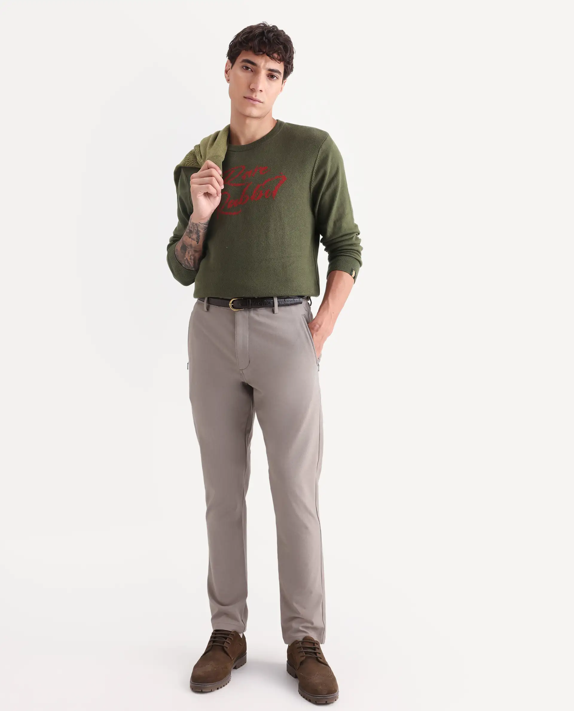 Rare Rabbit Men's Teedo Olive Jacquard Slim Fit Full Sleeve Crew Neck Sweater - Image 2