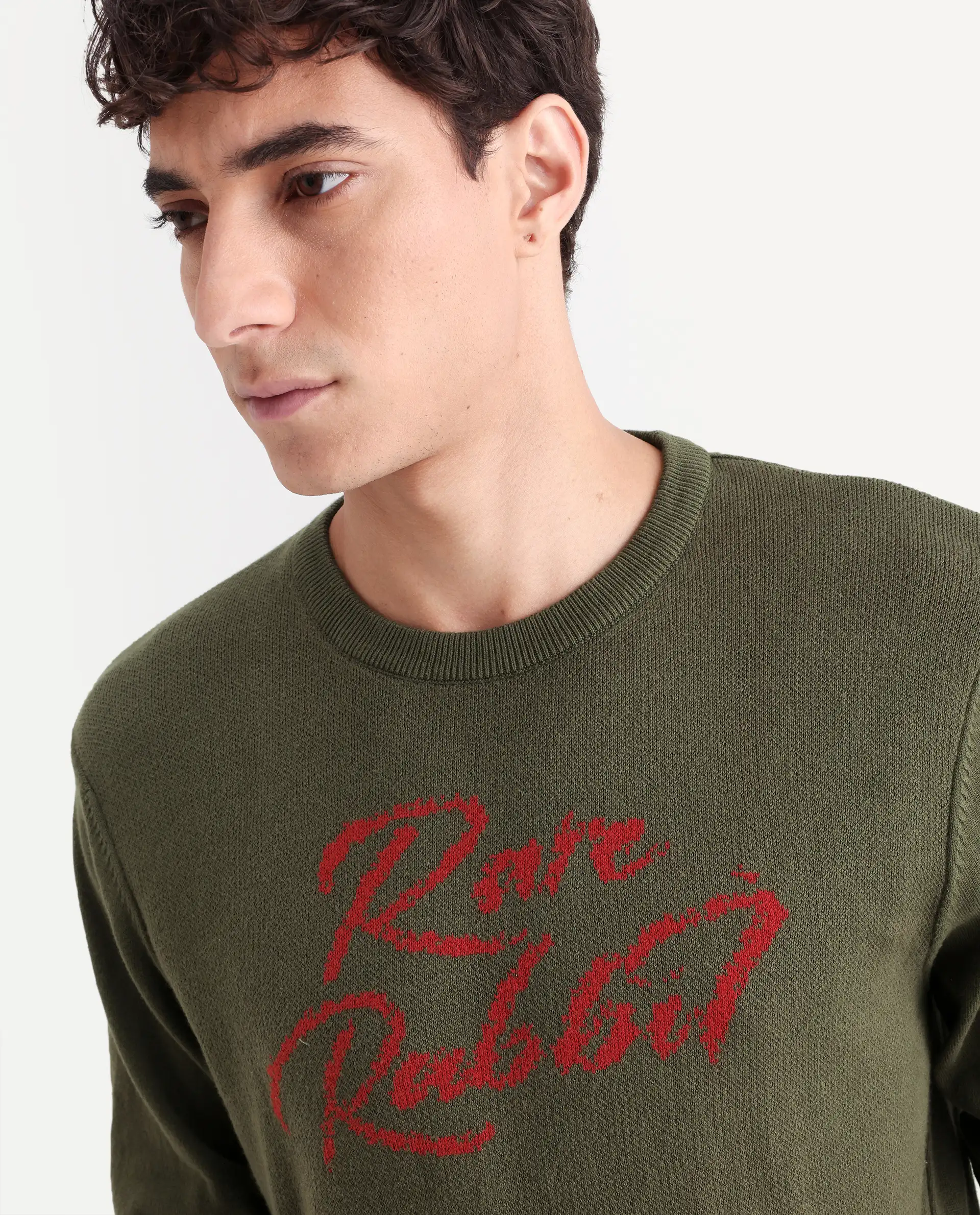 Rare Rabbit Men's Teedo Olive Jacquard Slim Fit Full Sleeve Crew Neck Sweater - Image 4