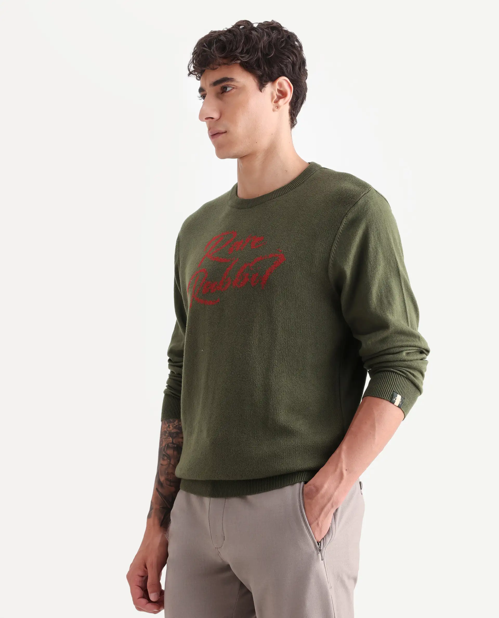 Rare Rabbit Men's Teedo Olive Jacquard Slim Fit Full Sleeve Crew Neck Sweater - Image 5