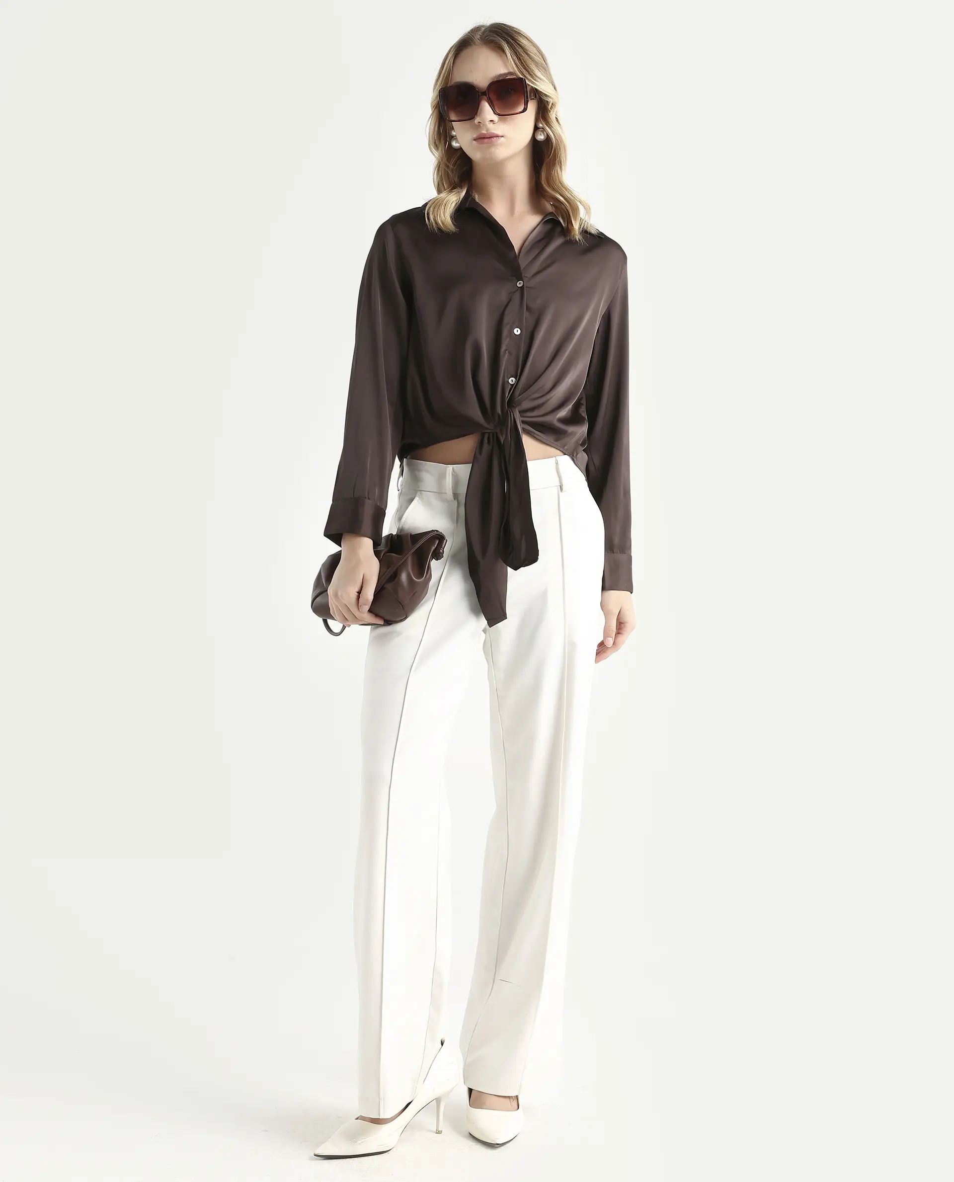 Rareism Women's Teen Brown Satin Drop Collar Plain Cuffed Sleeve Regular Fit Top - Image 2