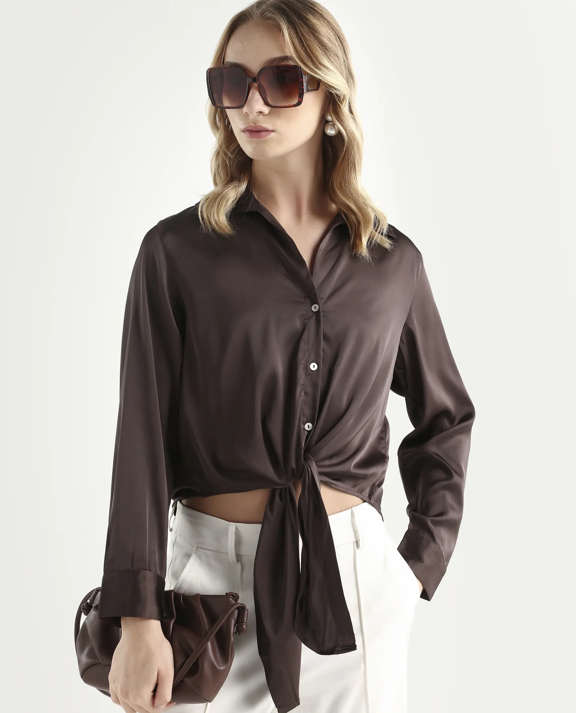 Rareism Women's Teen Brown Satin Drop Collar Plain Cuffed Sleeve Regular Fit Top - Image 3