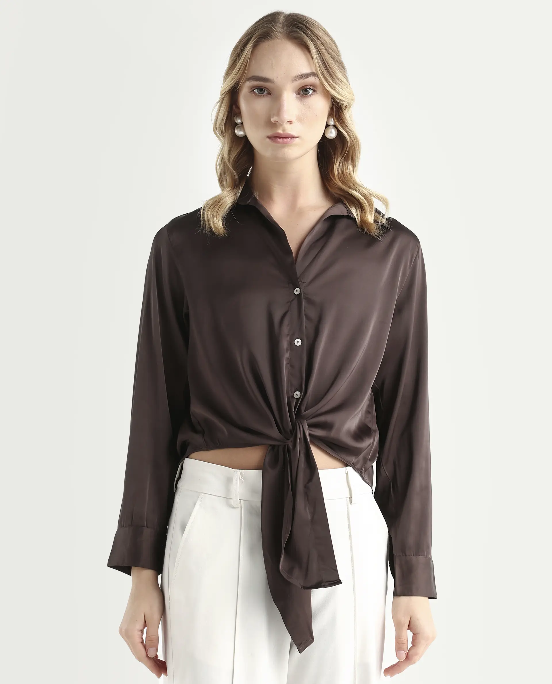 Rareism Women's Teen Brown Satin Drop Collar Plain Cuffed Sleeve Regular Fit Top - Image 4