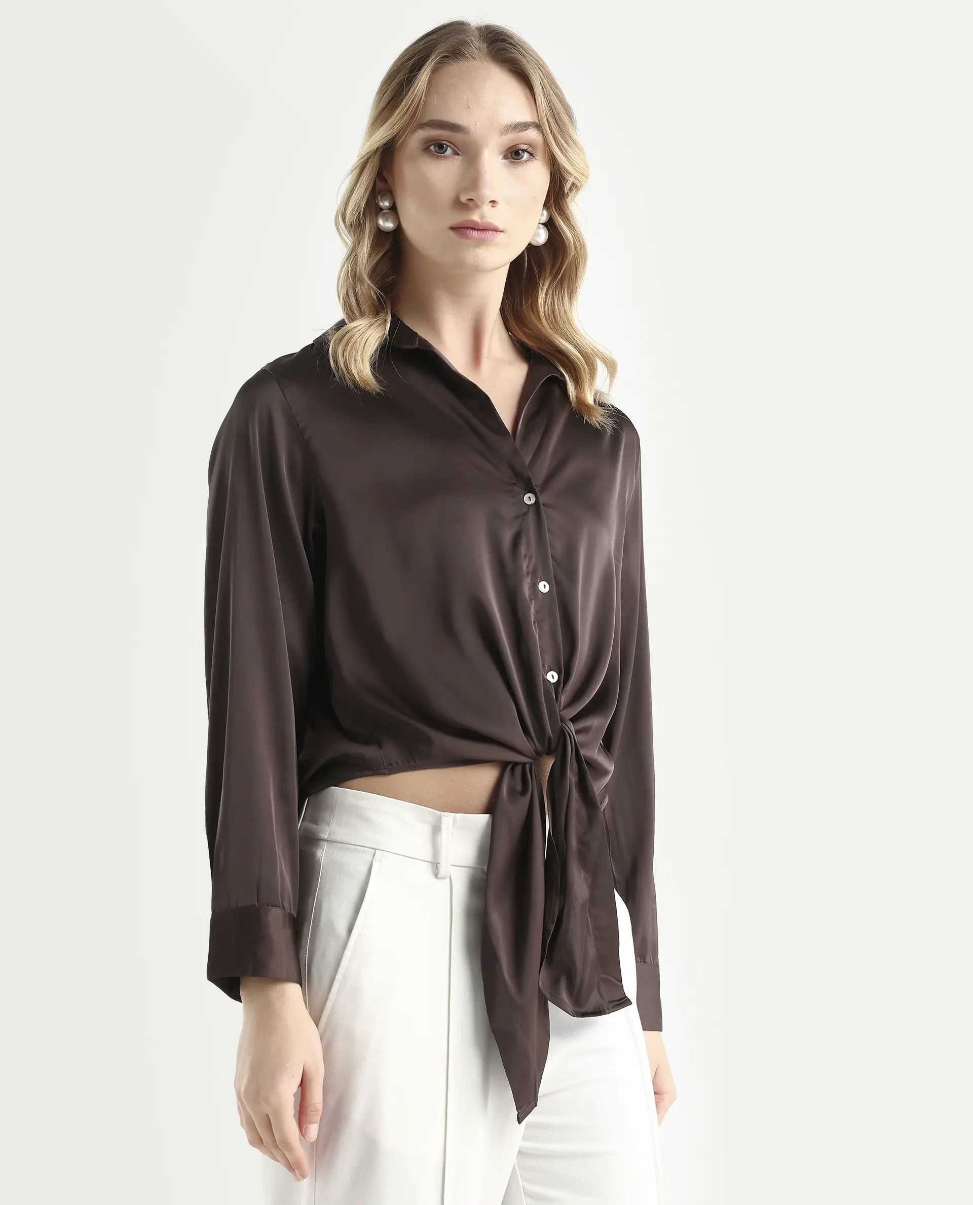 Rareism Women's Teen Brown Satin Drop Collar Plain Cuffed Sleeve Regular Fit Top - Image 5