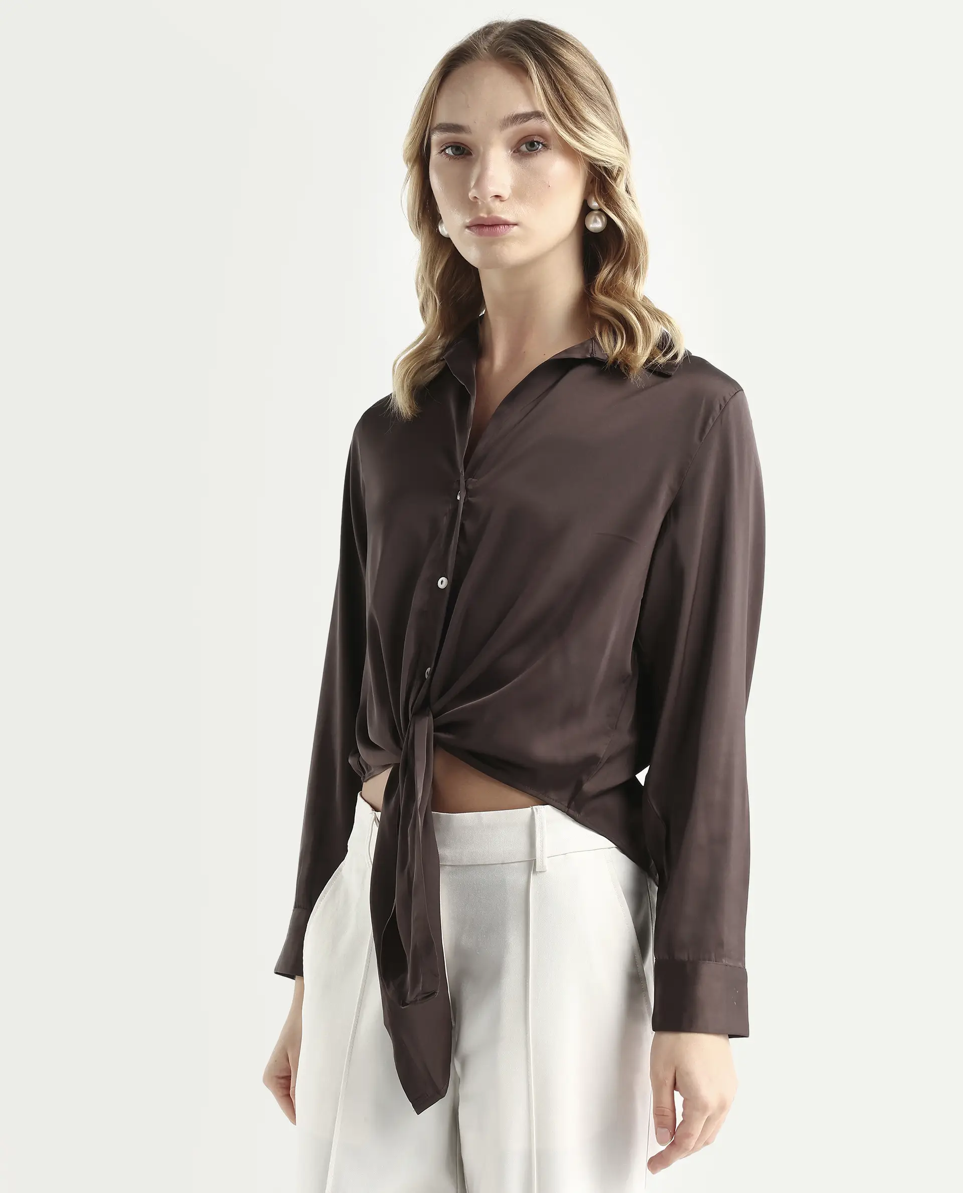 Rareism Women's Teen Brown Satin Drop Collar Plain Cuffed Sleeve Regular Fit Top - Image 6