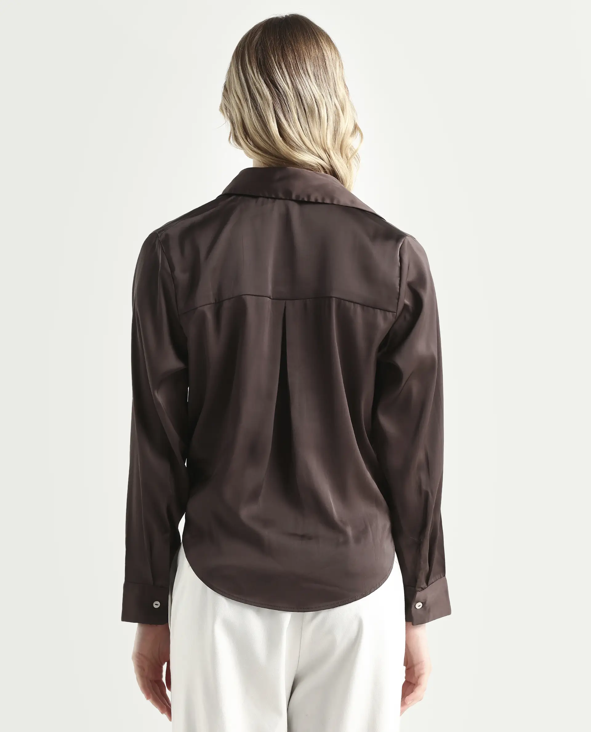Rareism Women's Teen Brown Satin Drop Collar Plain Cuffed Sleeve Regular Fit Top - Image 7