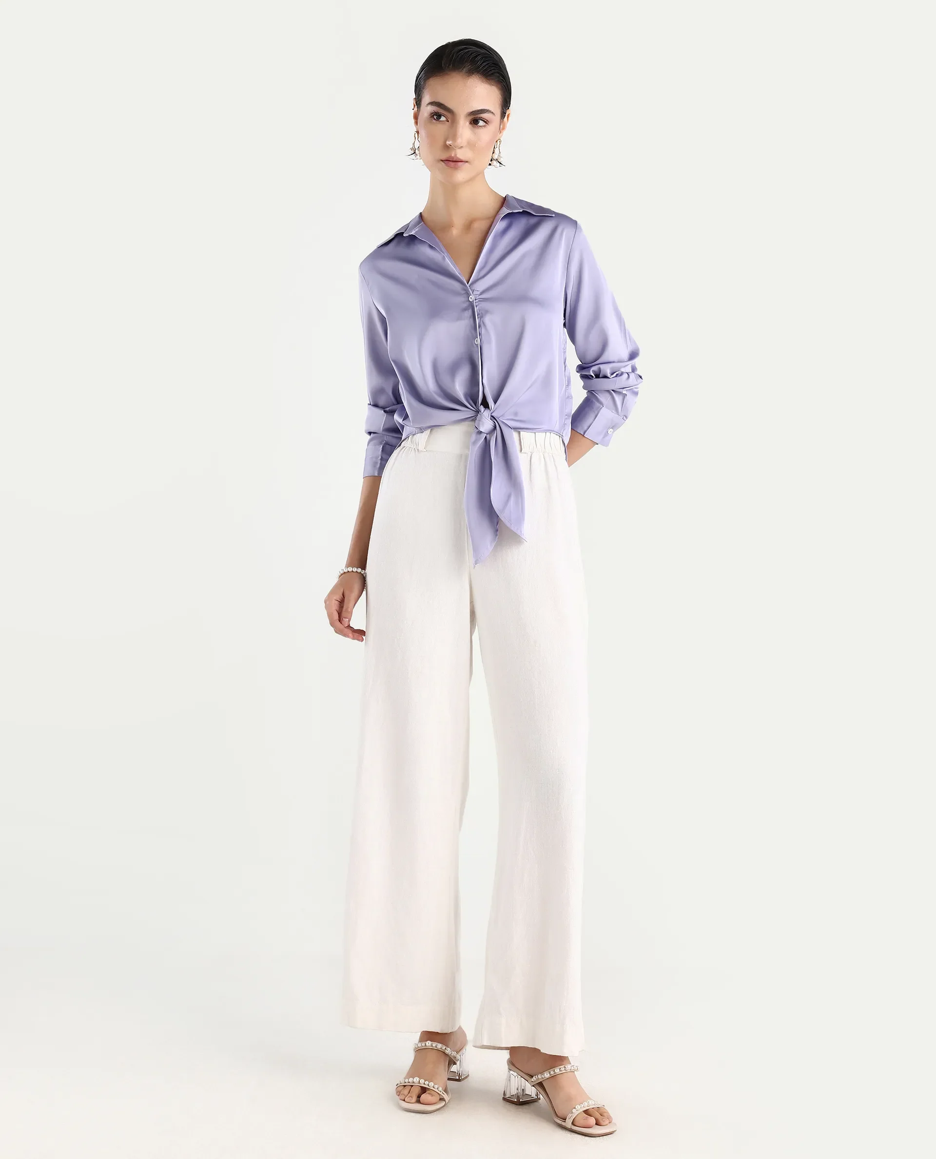 Rareism Women's Teen Light Purple Satin Drop Collar Plain Cuffed Sleeve Regular Fit Top - Image 2