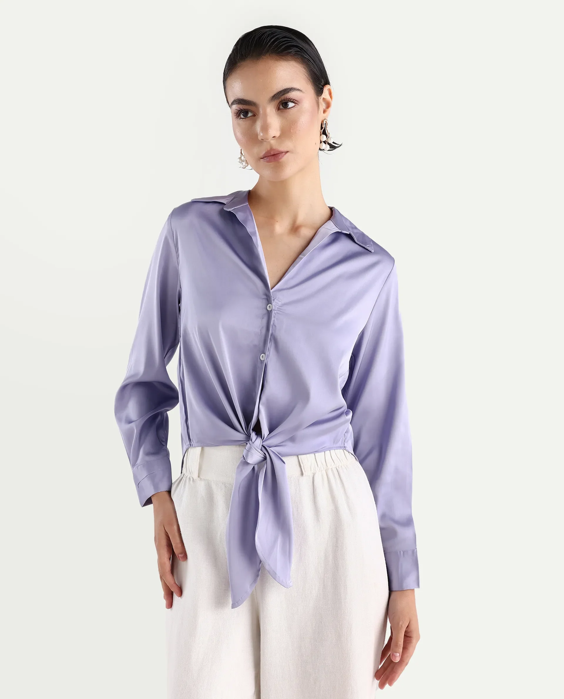 Rareism Women's Teen Light Purple Satin Drop Collar Plain Cuffed Sleeve Regular Fit Top - Image 3